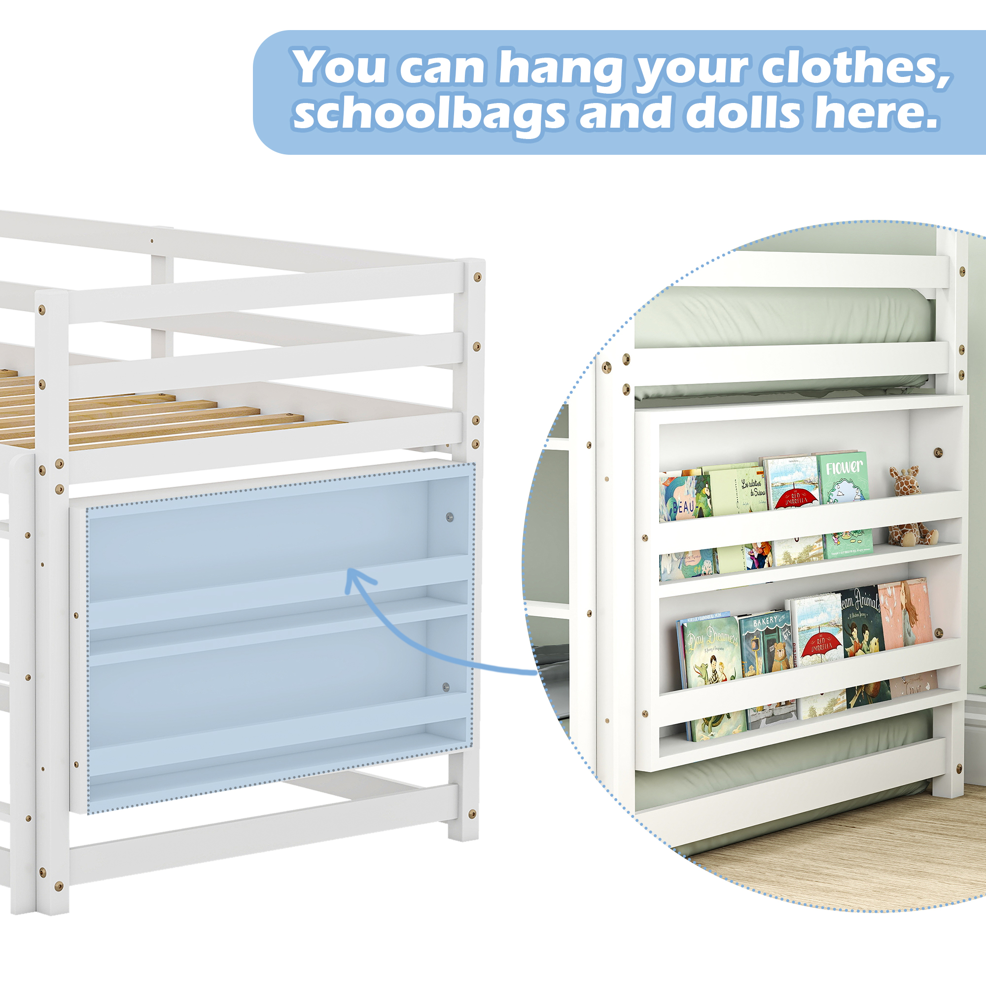 Joywind Wood Twin-over-Twin Standard Bunk Beds with Bookcase and Guardrails White
