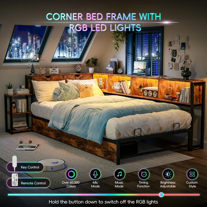 Joywind Corner Twin Bed Frame with Storage Shelves & USB Charging Station, LED Light Metal Platform Daybed with Drawers for Bedroom, Living Room, or Guest Room,