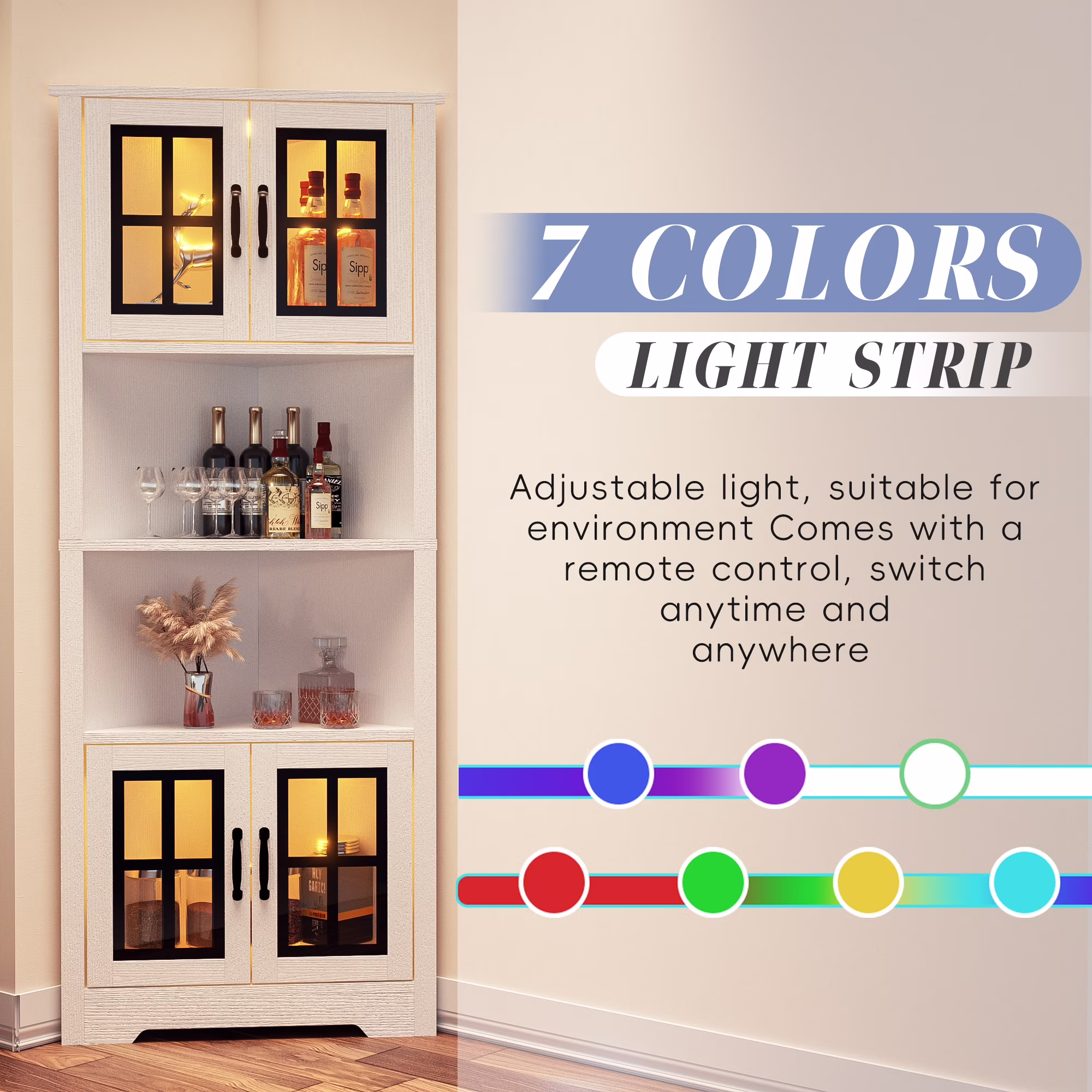 Joywind 67" White Corner Cabinet with LED Lights, Modern Tall Storage Hutch with Glass Doors & Shelves