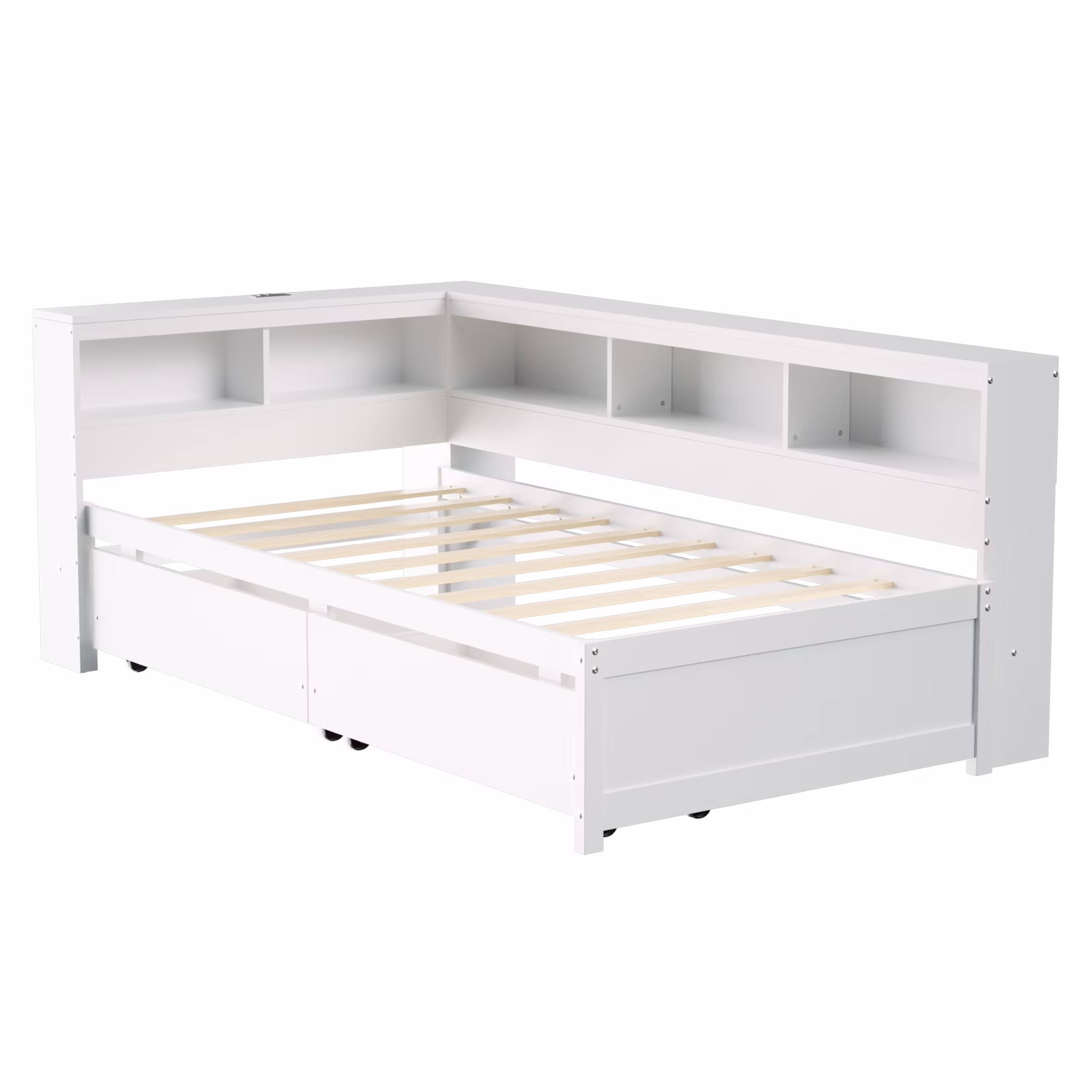 Joywind Twin Corner Bed Frame with Storage Drawers, Bookcase Headboard, Charging Station & LED Lights,White