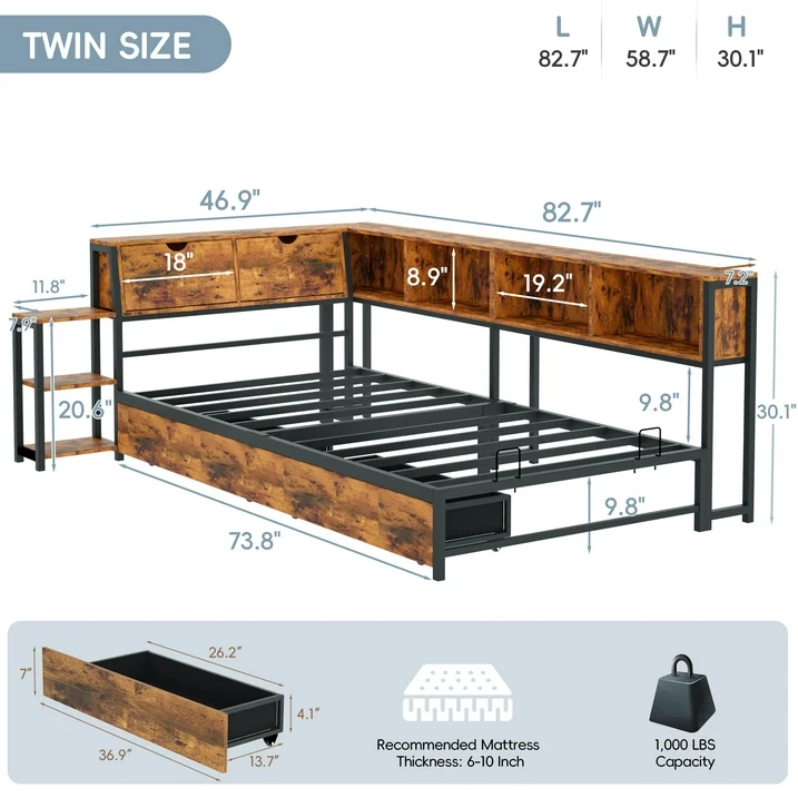 Joywind Corner Twin Bed Frame with Storage Shelves & USB Charging Station, LED Light Metal Platform Daybed with Drawers for Bedroom, Living Room, or Guest Room,