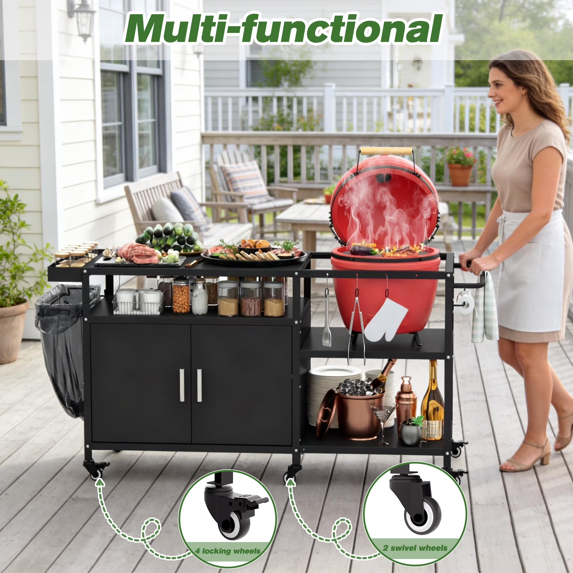 Joywind Grill Table for Big Green Egg Stand, Heavy Duty Metal Grill Station,Black