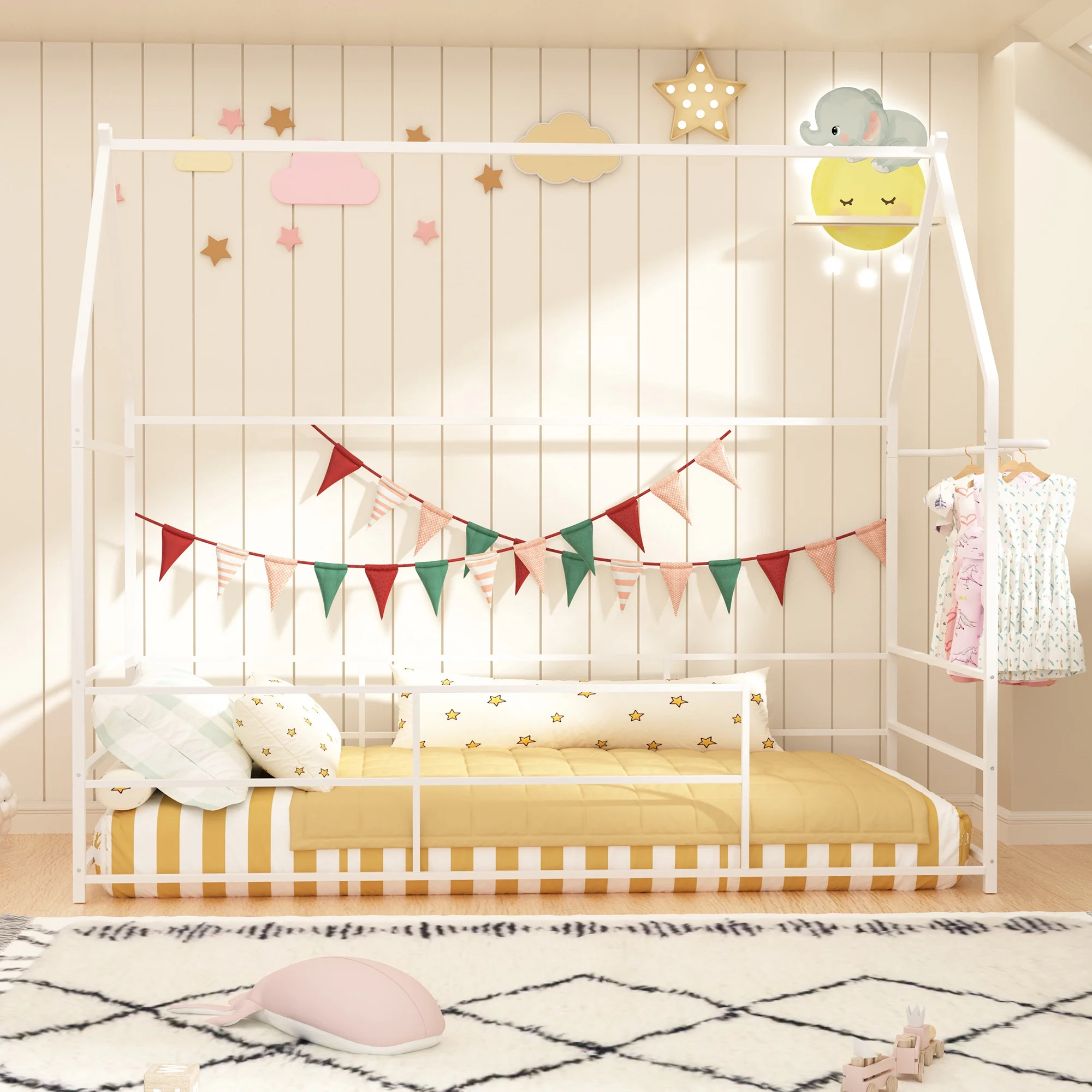 Joywind Metal Twin Floor House Bed with Headboard, Footboard & Guardrails - Montessori Style Bed Frame with Hanging Bar for Boys, Girls