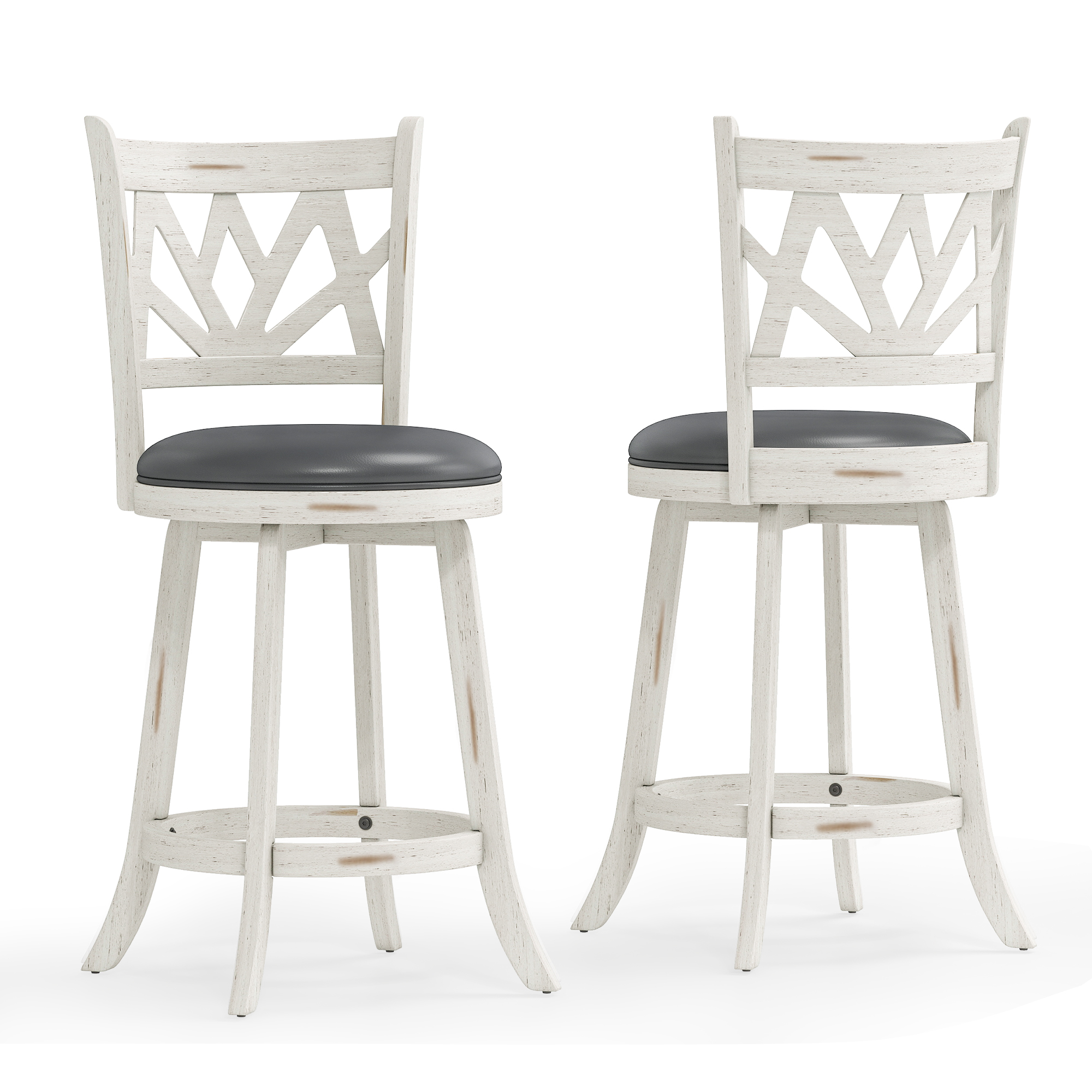 Joywind Farmhouse Swivel Bar Stools Set of 2, 24" Carved Lotus Barstools, Faux Leather Upholstered Counter Chairs with Solid Footrest & Wood Legs
