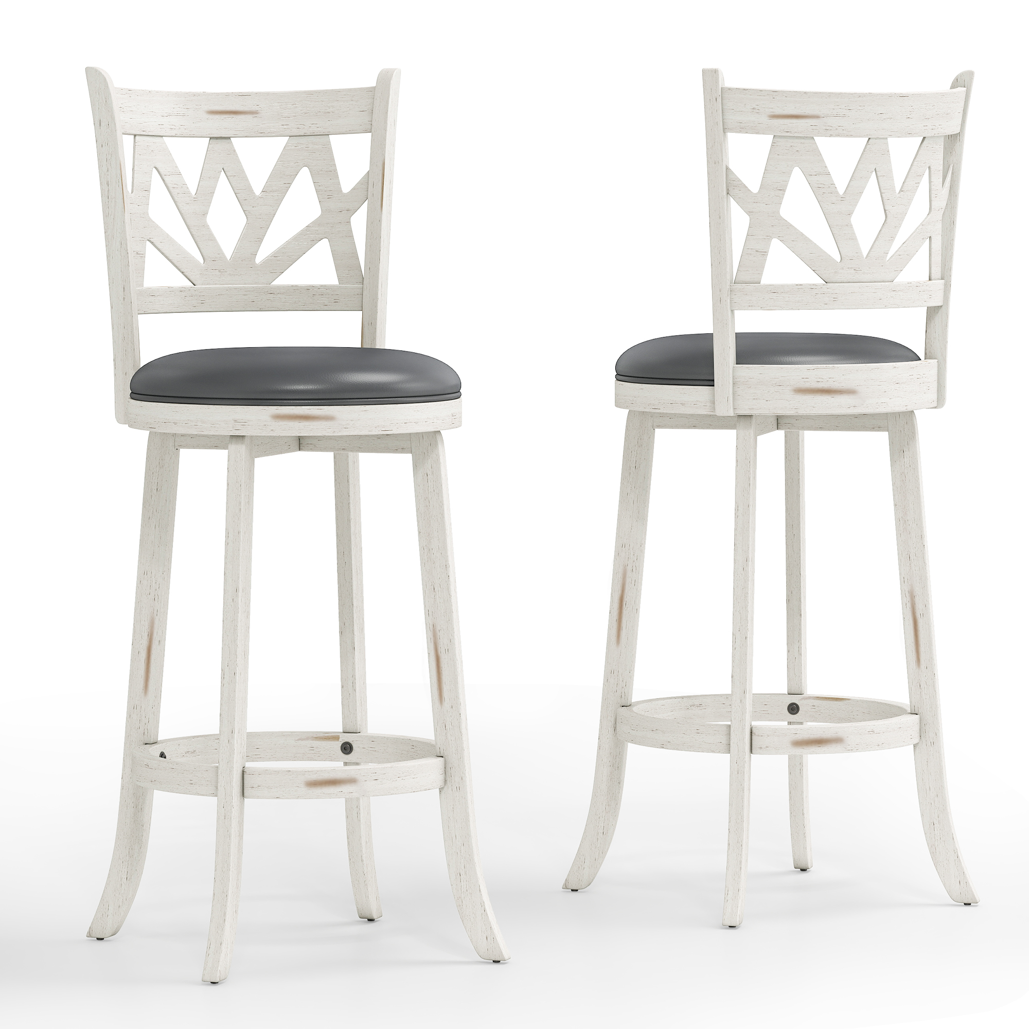 Joywind Farmhouse Swivel Bar Stools Set of 2, 30" Carved Lotus Barstools, Faux Leather Upholstered Bar Chairs with Solid Footrest & Wood Legs