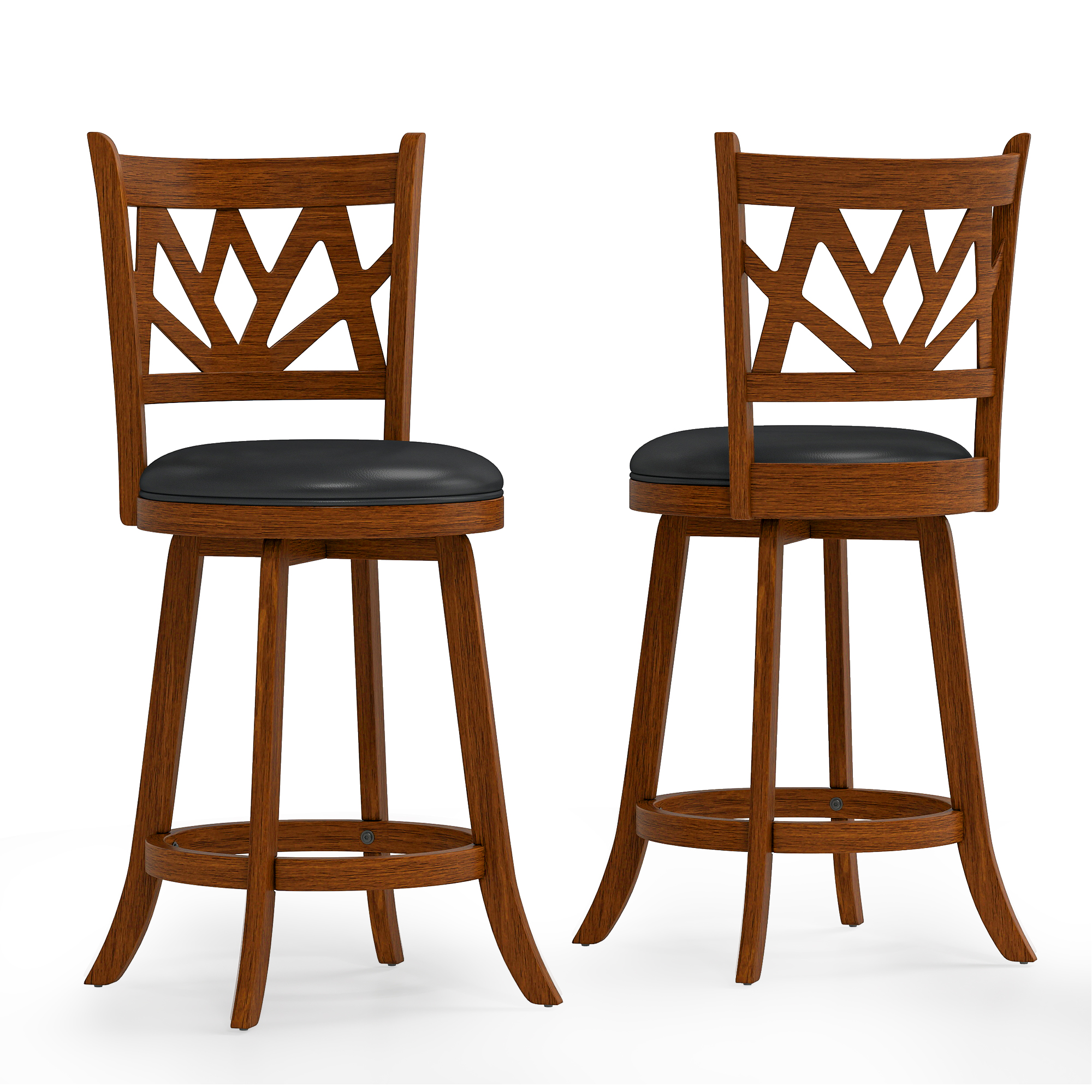 Joywind Farmhouse Swivel Bar Stools Set of 2, 24" Carved Lotus Barstools, Faux Leather Upholstered Counter Chairs with Solid Footrest & Wood Legs, Rustic Brown