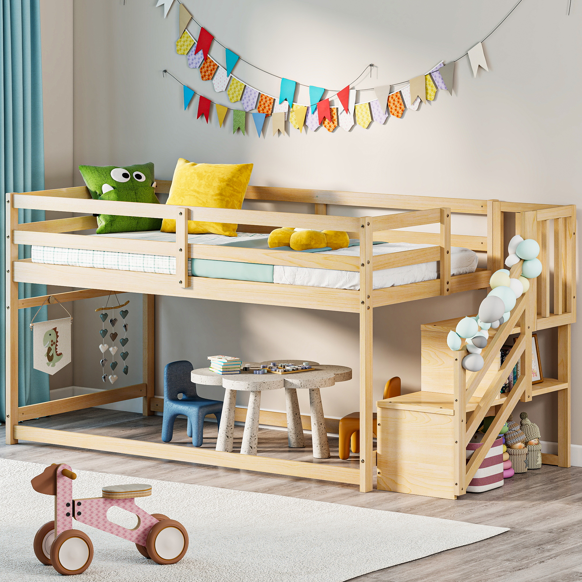 Joywind Solid Wood Low Bunk Bed Twin Over Twin with Storage Staircase, Safety Guardrails & Hanging Bar - Floor Bunk Beds for Kids, Boys, Girls, Juniors