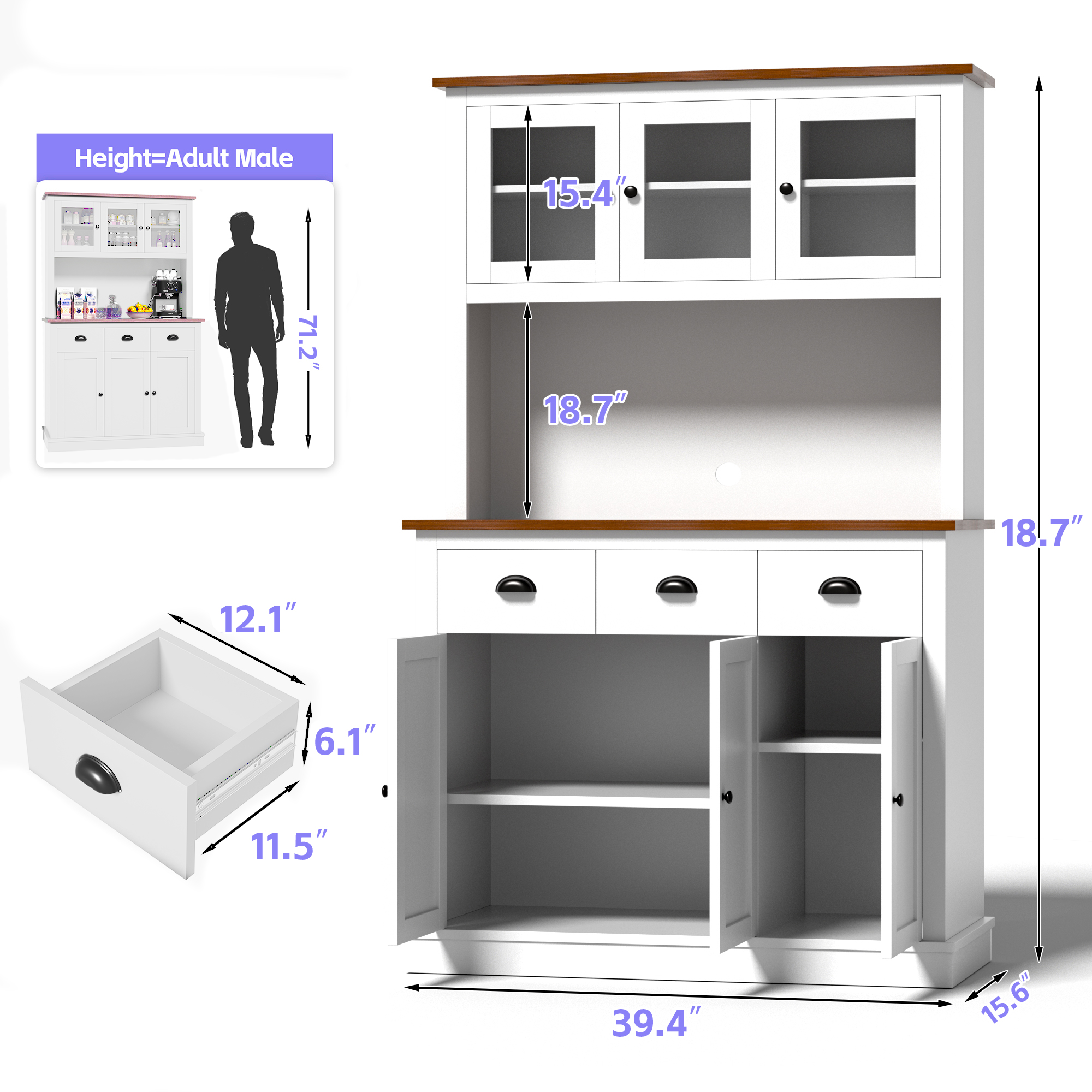 Joywind Freestanding Pantry Cabinet with Countertop, Storage Drawers, and Adjustable Shelves
