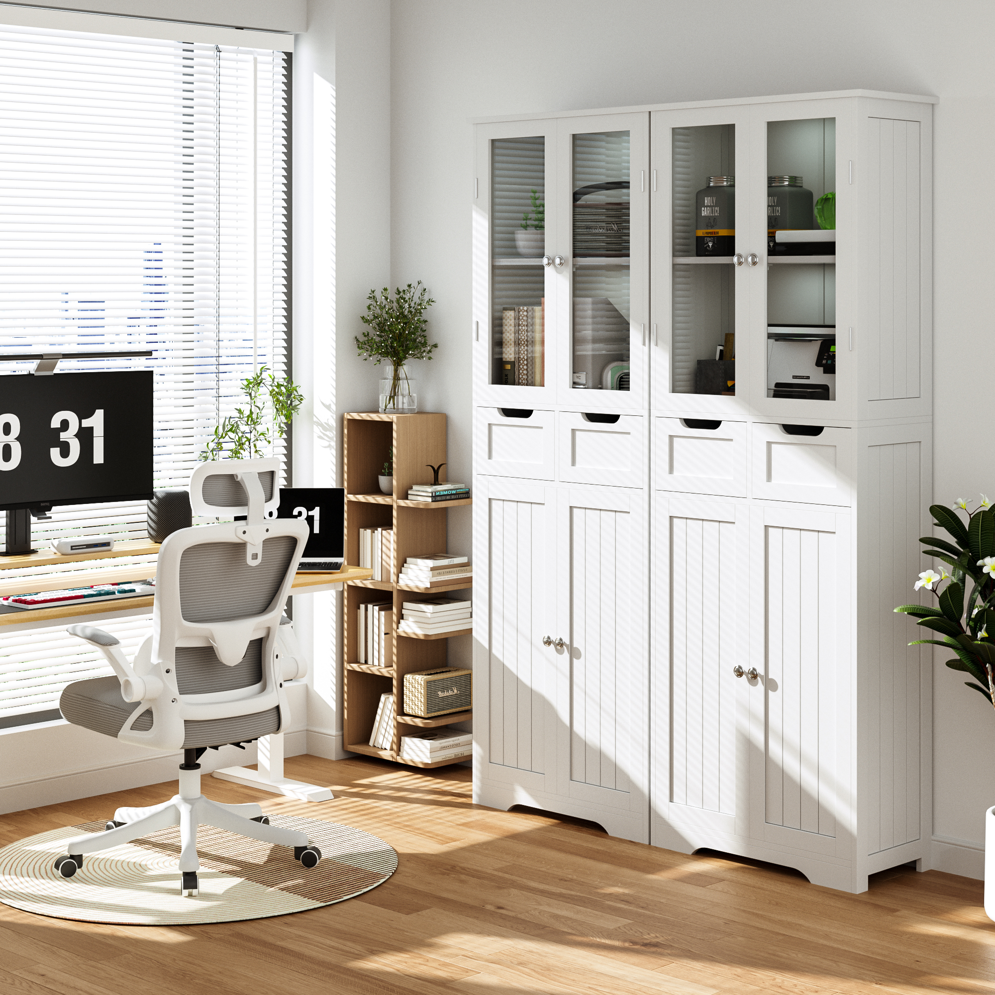 Joywind Freestanding Bathroom Storage Cabinet with Glass Doors - 67" Tall Linen Organizer with 2 Drawers & Adjustable Shelves, for Bathroom, Kitchen, Living Room, Office Storage