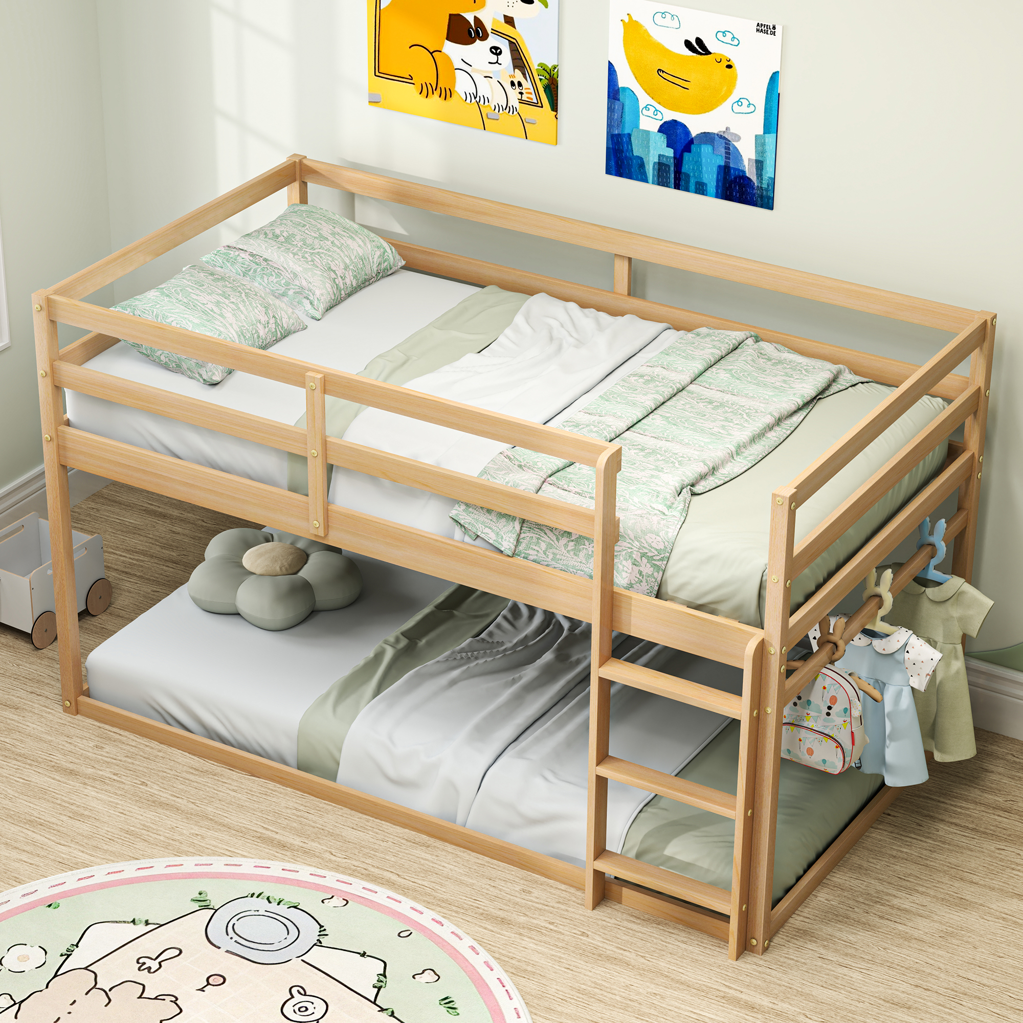 Joywind Wood Twin-over-Twin Bunk Beds with Ladder and Full Guardrails