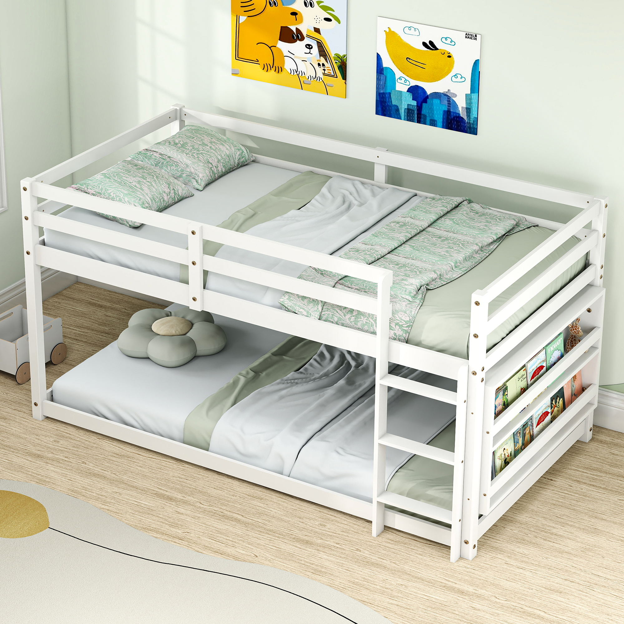 Joywind Wood Twin-over-Twin Standard Bunk Beds with Bookcase and Guardrails White