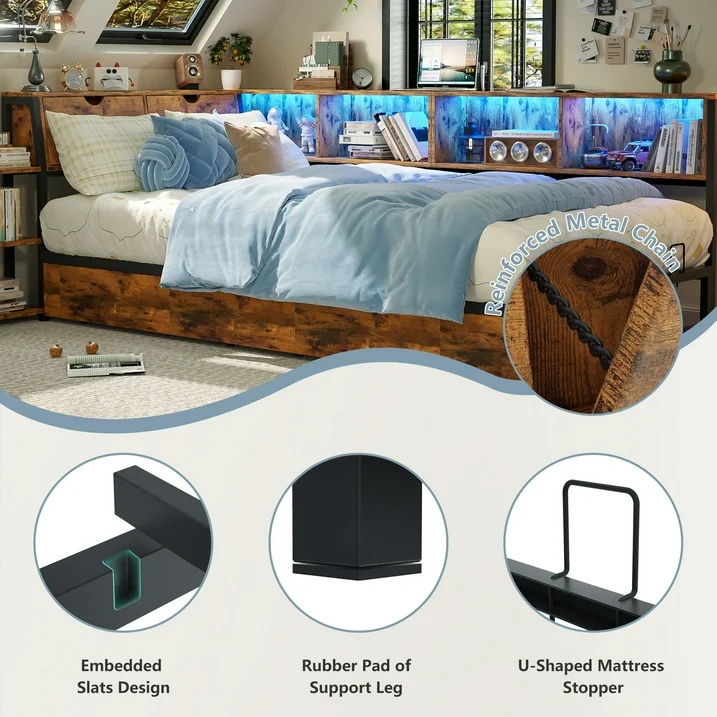 Joywind Corner Twin Bed Frame with Storage Shelves & USB Charging Station, LED Light Metal Platform Daybed with Drawers for Bedroom, Living Room, or Guest Room,