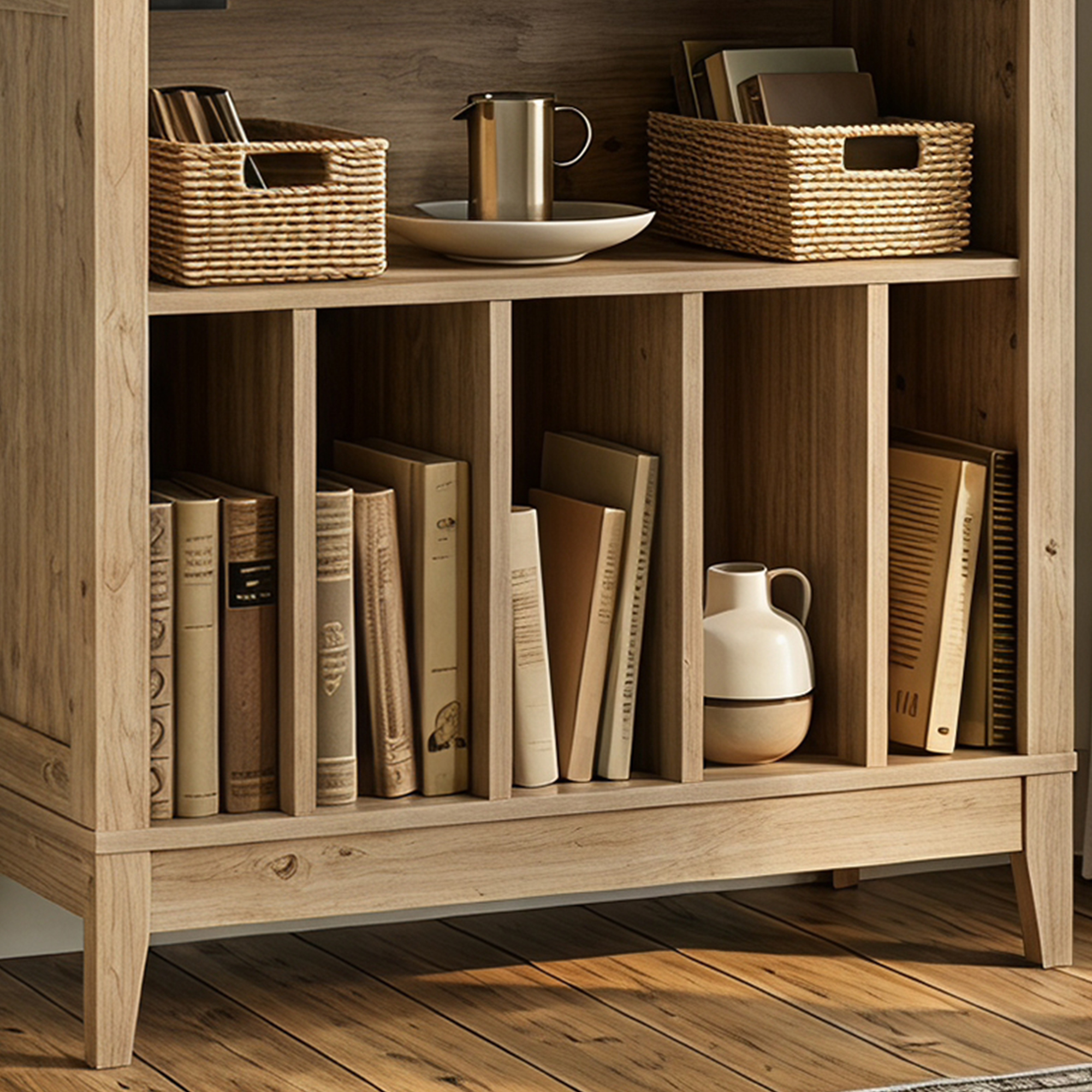 Joywind 69" 5-Tier Wood Arched Bookcase with Power Outlets, Modern Farmhouse Bookshelf for Living Room, Natural
