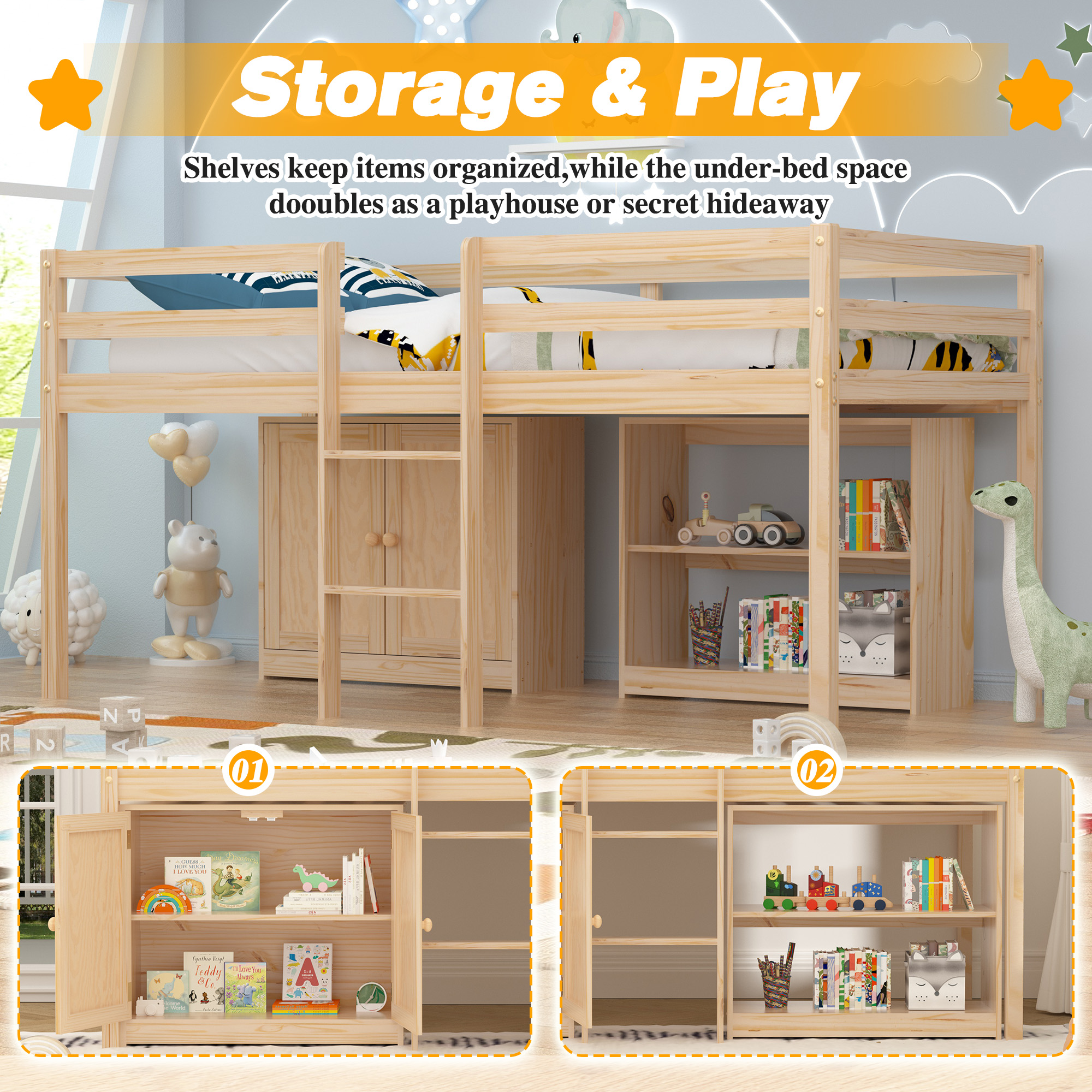 Joywind Twin Loft Bed with LED Lights, Kids Loft Beds with Storage Cabinet and Play Space