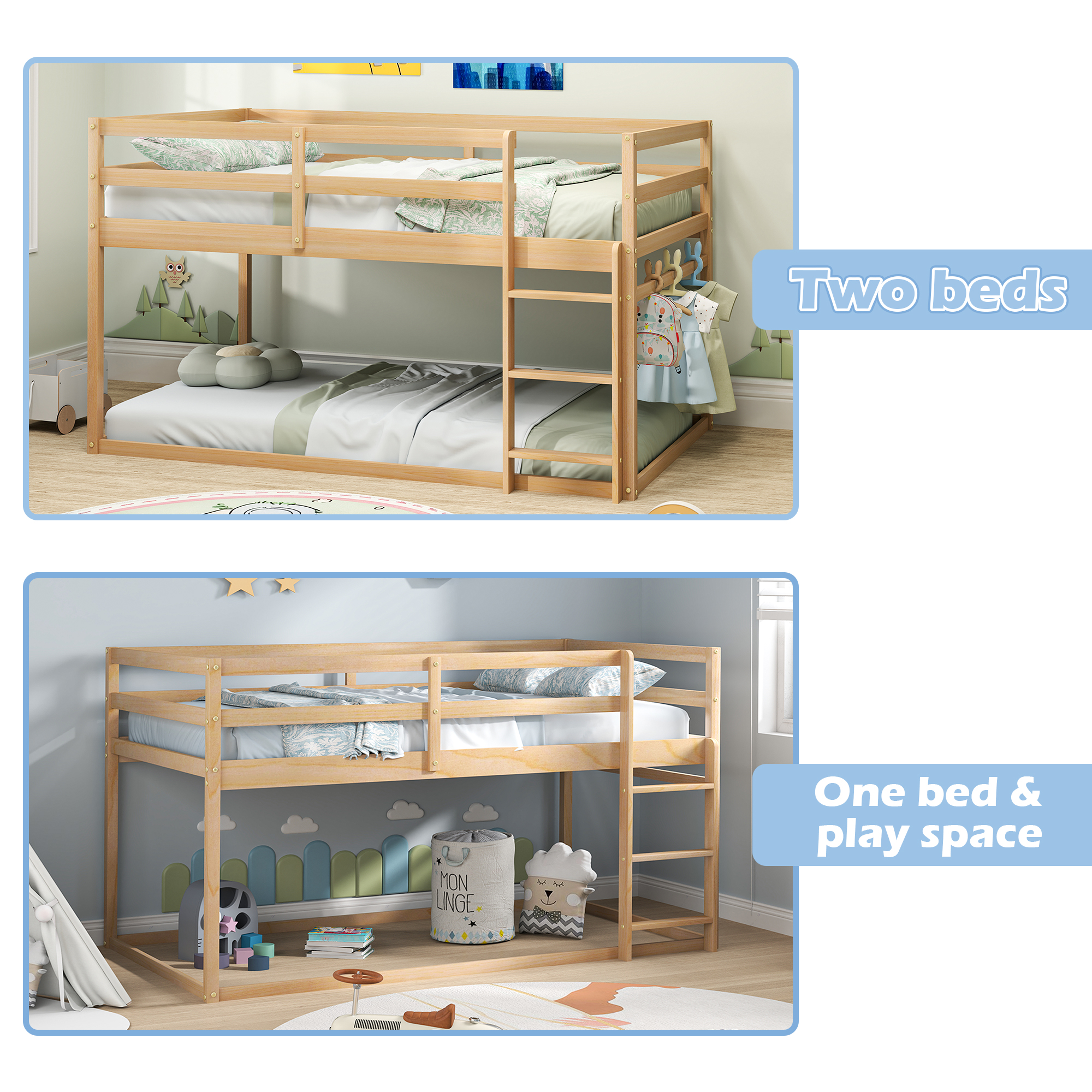 Joywind Wood Twin-over-Twin Bunk Beds with Ladder and Full Guardrails