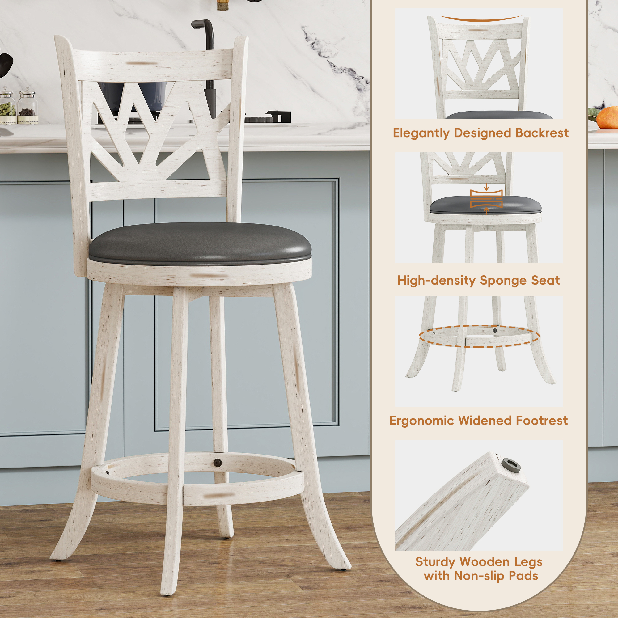Joywind Farmhouse Swivel Bar Stools Set of 2, 24" Carved Lotus Barstools, Faux Leather Upholstered Counter Chairs with Solid Footrest & Wood Legs