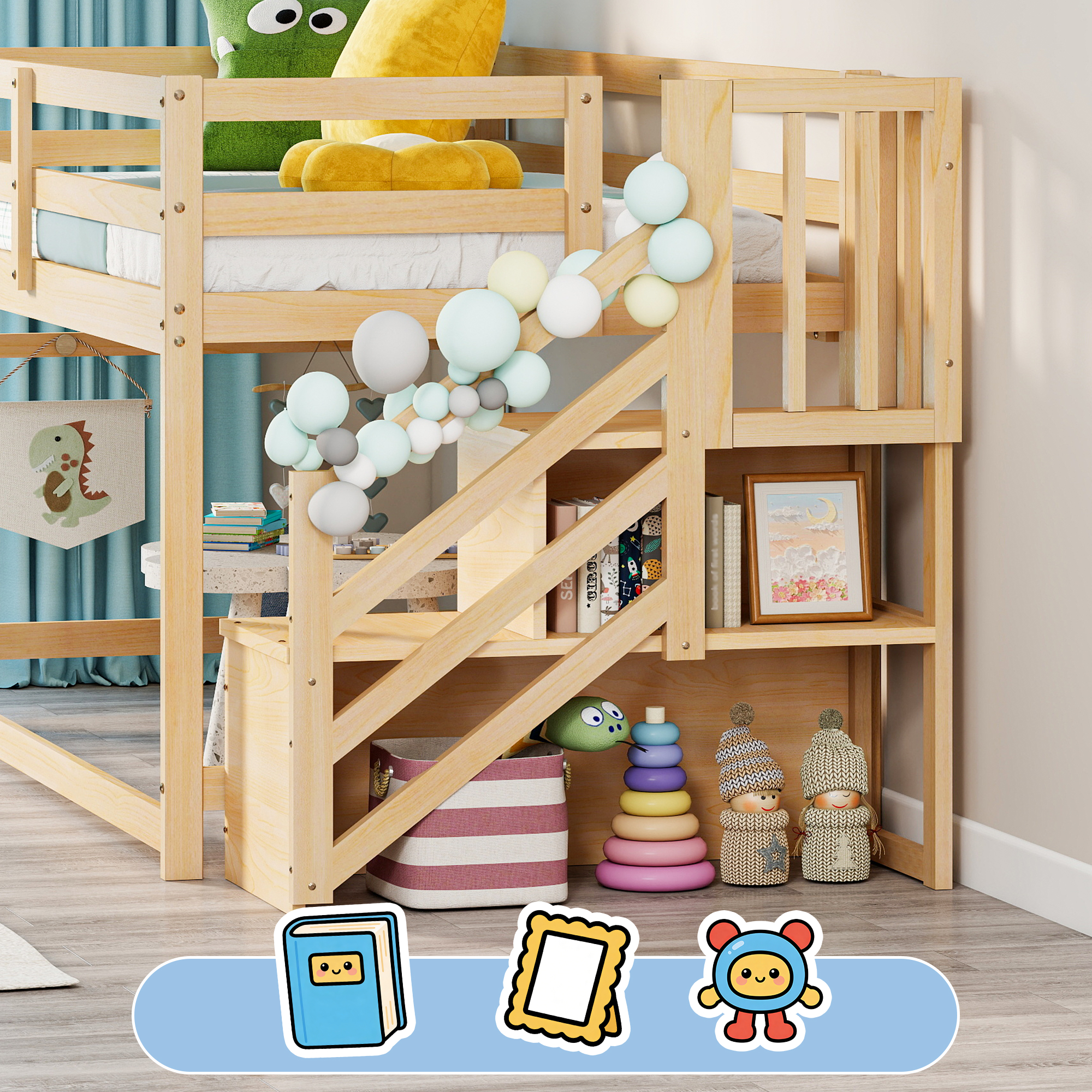 Joywind Solid Wood Low Bunk Bed Twin Over Twin with Storage Staircase, Safety Guardrails & Hanging Bar - Floor Bunk Beds for Kids, Boys, Girls, Juniors