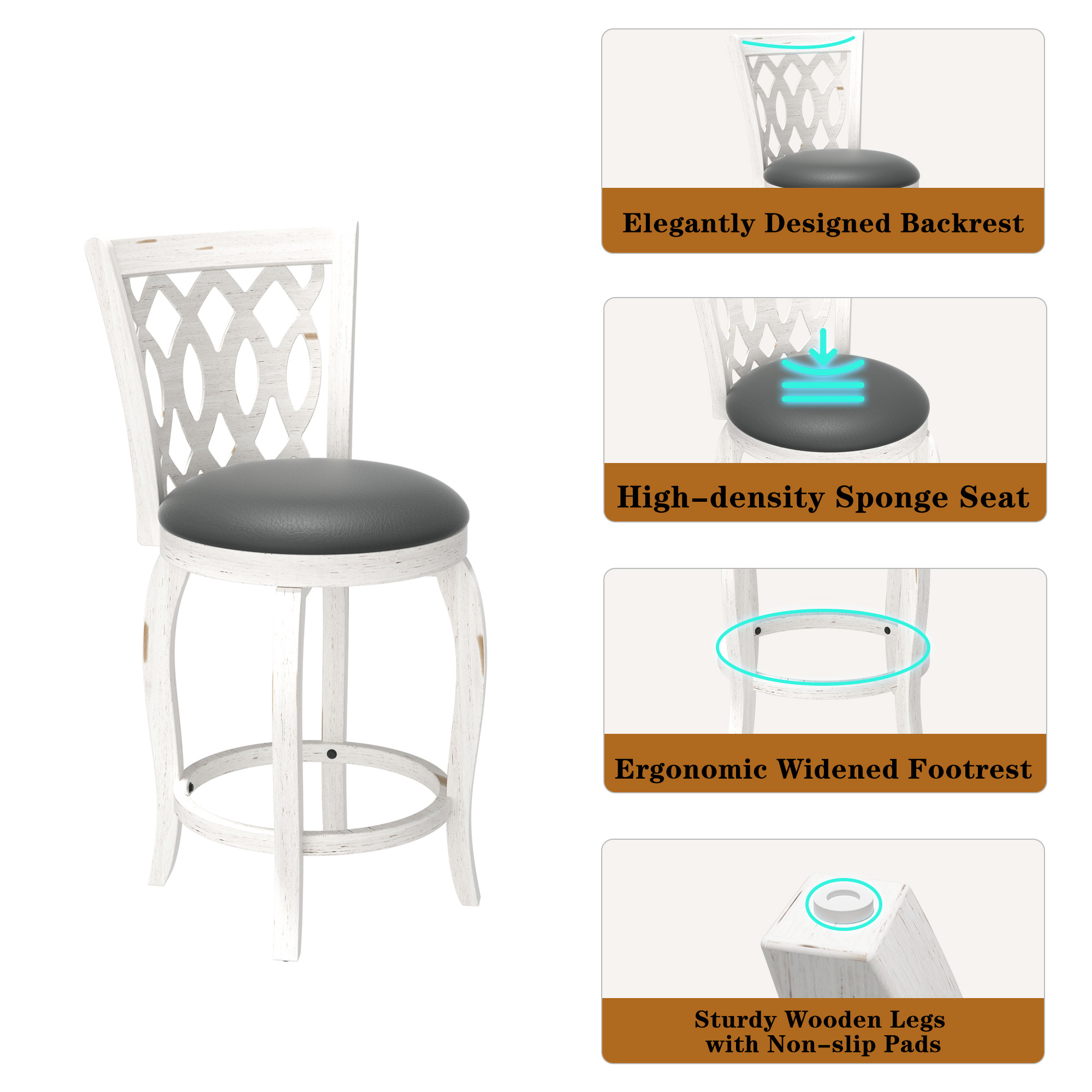 Joywind 24" Counter Height Swivel Bar Stools with High Back, Upholstered Seat & Solid Wood Footrest, Set of 2