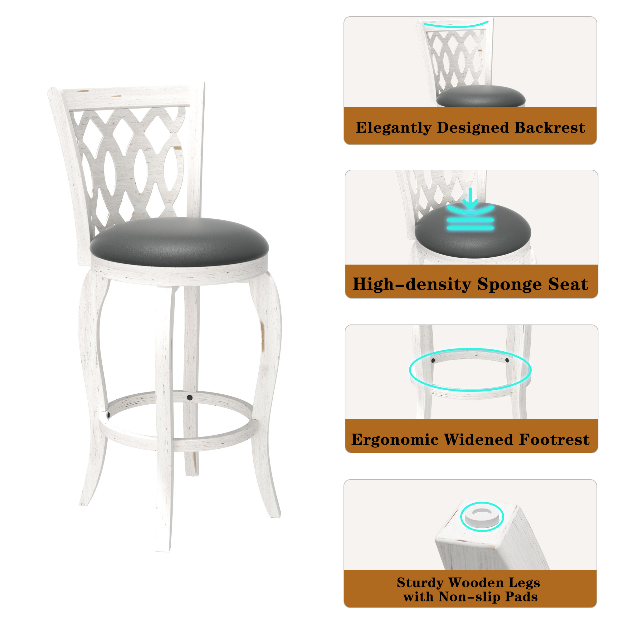 Joywind 29" Bar Height Swivel Bar Stools with High Back, Upholstered Seat & Solid Wood Footrest, Set of 2