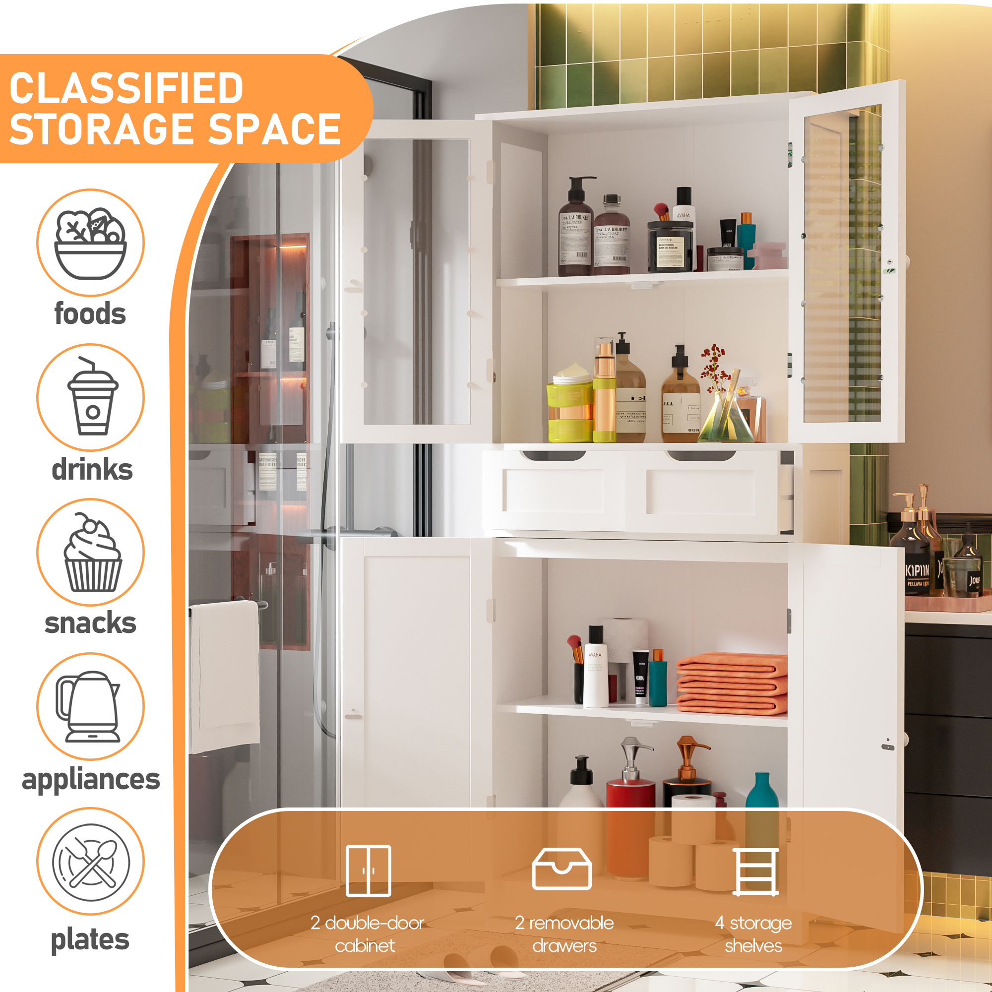 Joywind Freestanding Bathroom Storage Cabinet with Glass Doors - 67" Tall Linen Organizer with 2 Drawers & Adjustable Shelves, for Bathroom, Kitchen, Living Room, Office Storage
