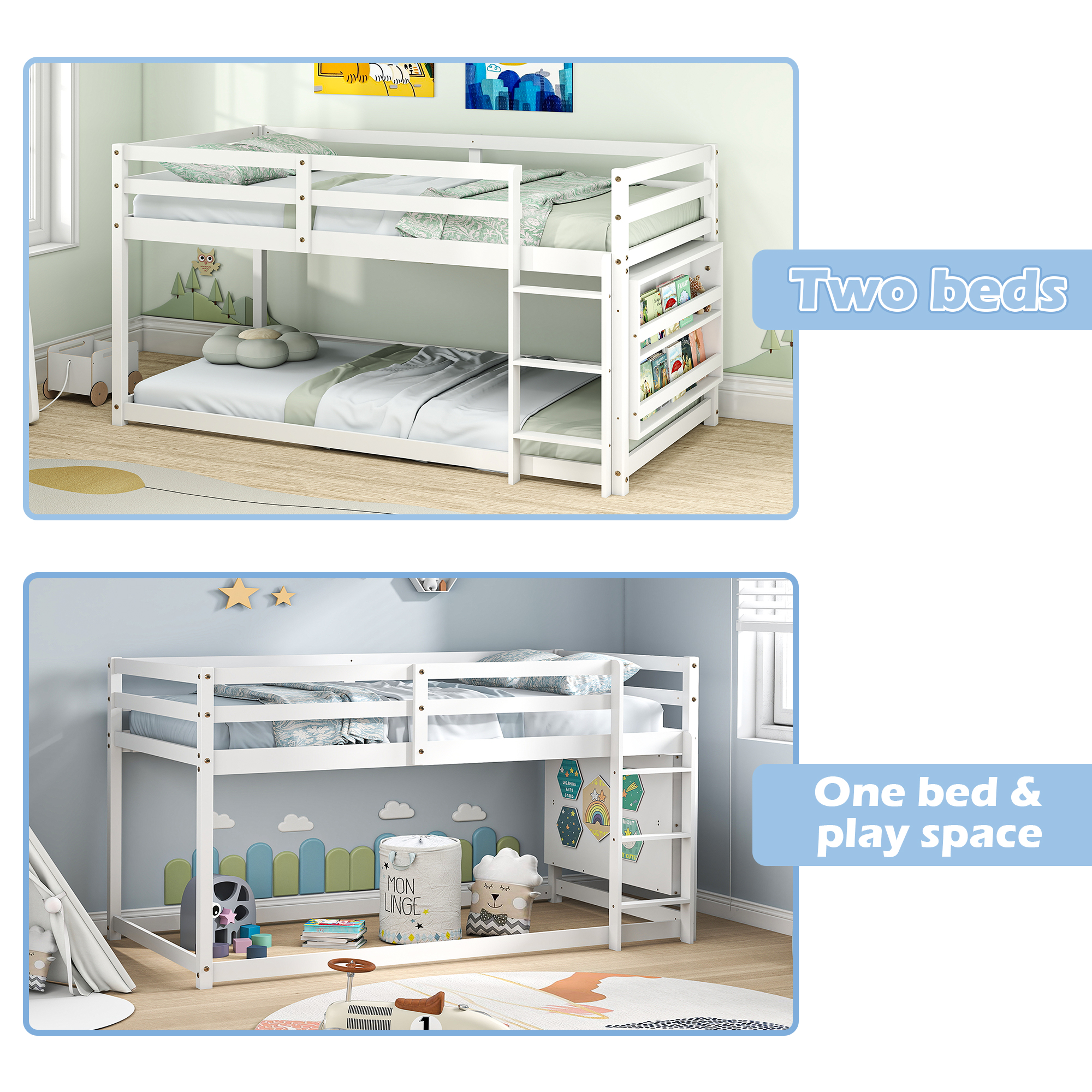 Joywind Wood Twin-over-Twin Standard Bunk Beds with Bookcase and Guardrails White