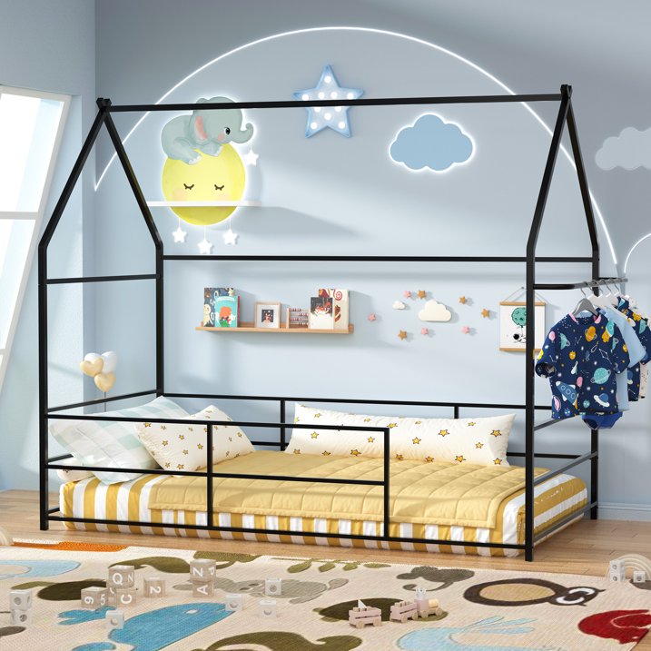 Joywind Metal Twin Floor House Bed with Headboard, Footboard & Guardrails - Montessori Style Bed Frame with Hanging Bar for Boys, Girls