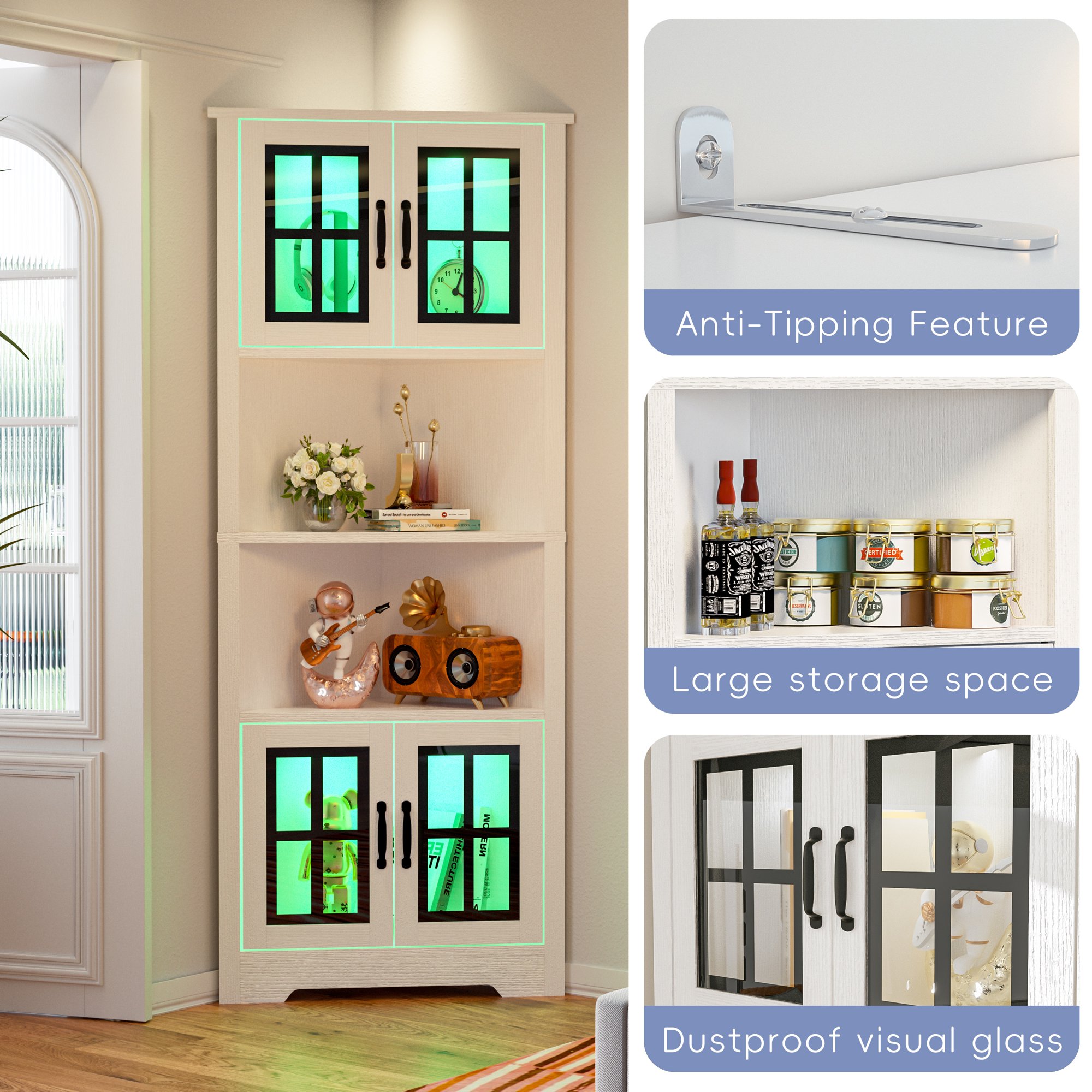 Joywind 67" White Corner Cabinet with LED Lights, Modern Tall Storage Hutch with Glass Doors & Shelves