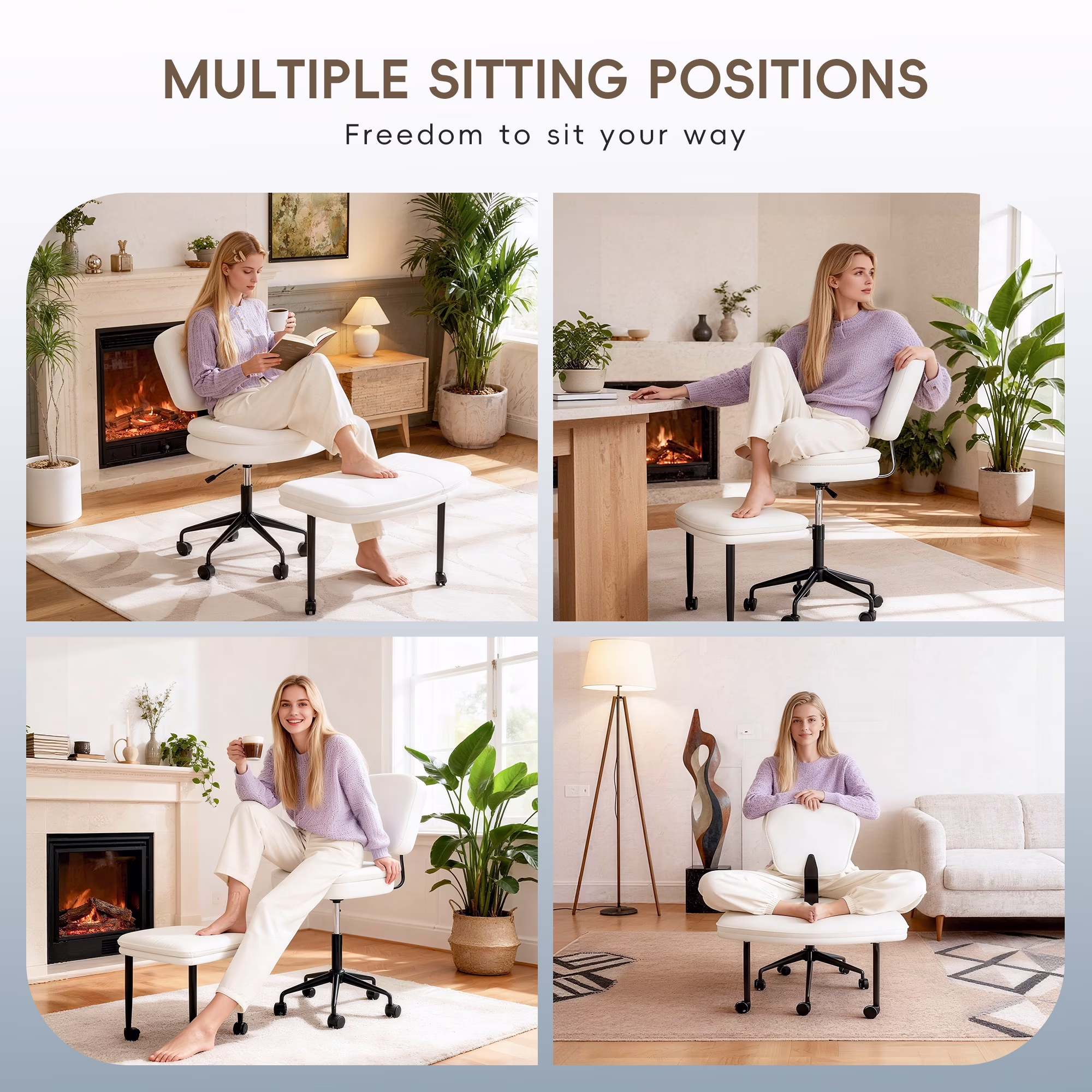 Joywind Ergonomic Cross Legged Swivel Chair, Height Adjustable ADHD & Meditation Chair with Wheels, Wide Kneeling Chair with Back Support & Footrest, Home and Office, White