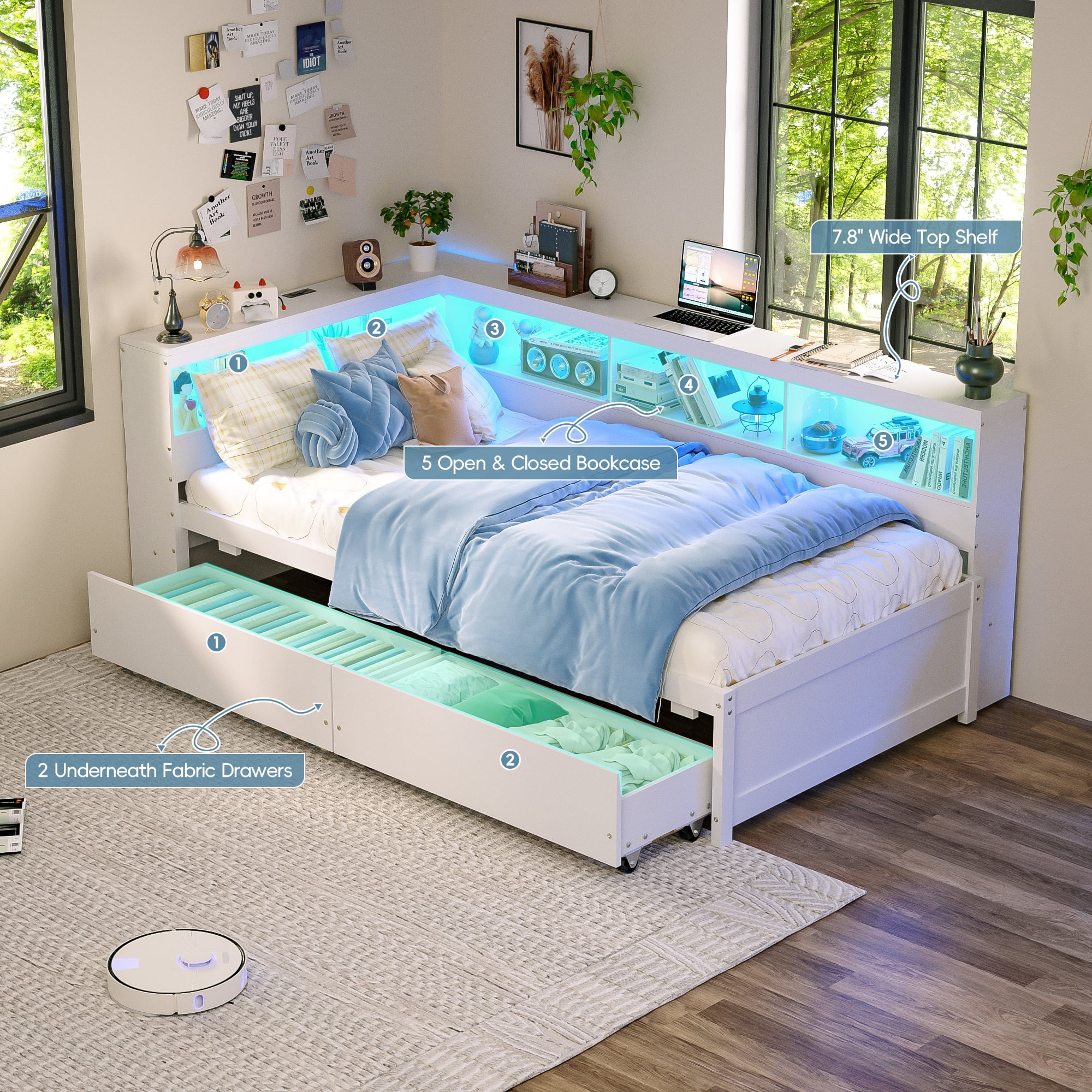 Joywind Twin Corner Bed Frame with Storage Drawers, Bookcase Headboard, Charging Station & LED Lights,White