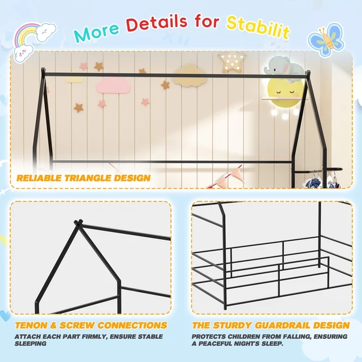 Joywind Metal Twin Floor House Bed with Headboard, Footboard & Guardrails - Montessori Style Bed Frame with Hanging Bar for Boys, Girls