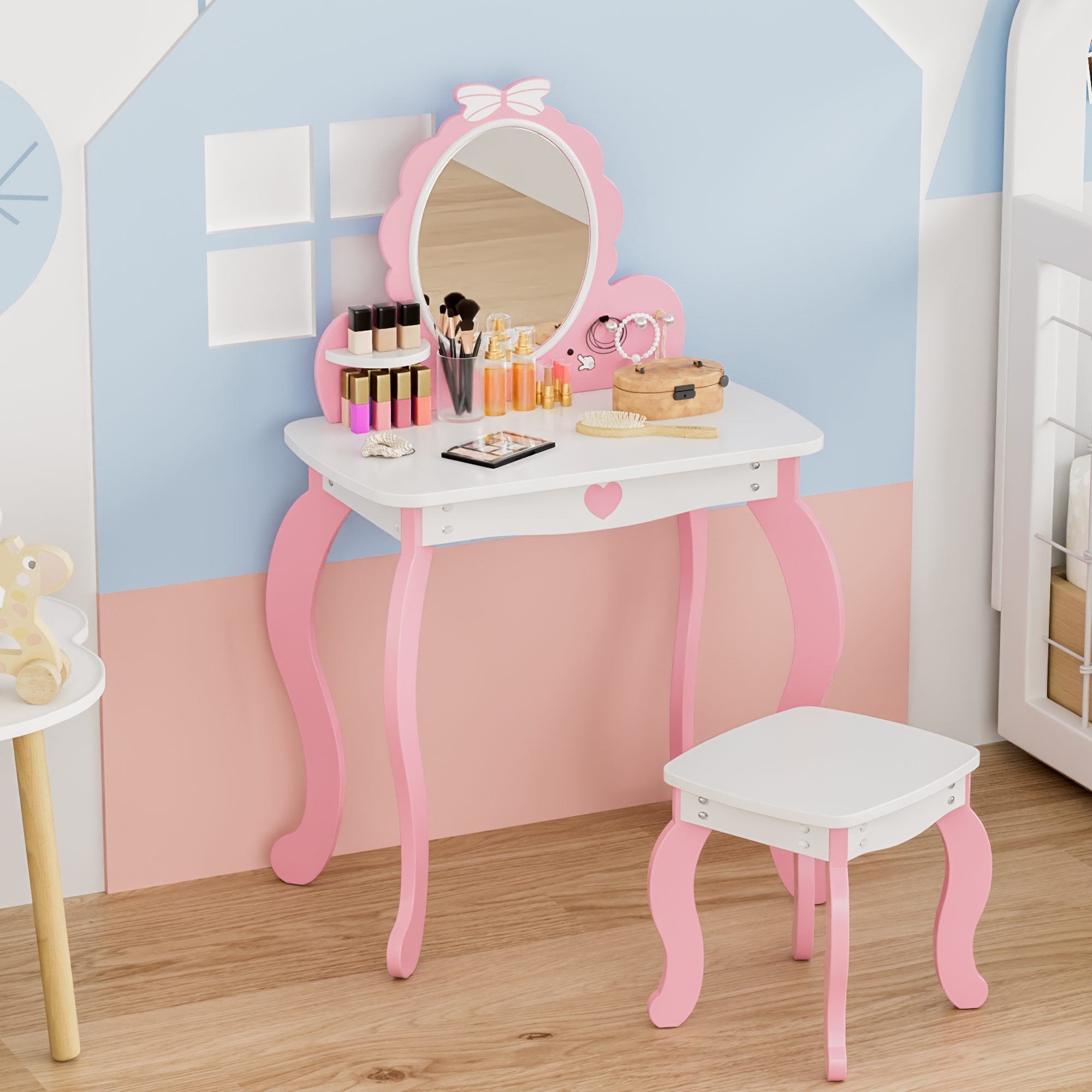 Kids Vanity Set with Lighted Mirror & Stool, White Bow Design - Princess Makeup Dressing Table with Storage, Chair Included - Toddler Girls Play Beauty Desk