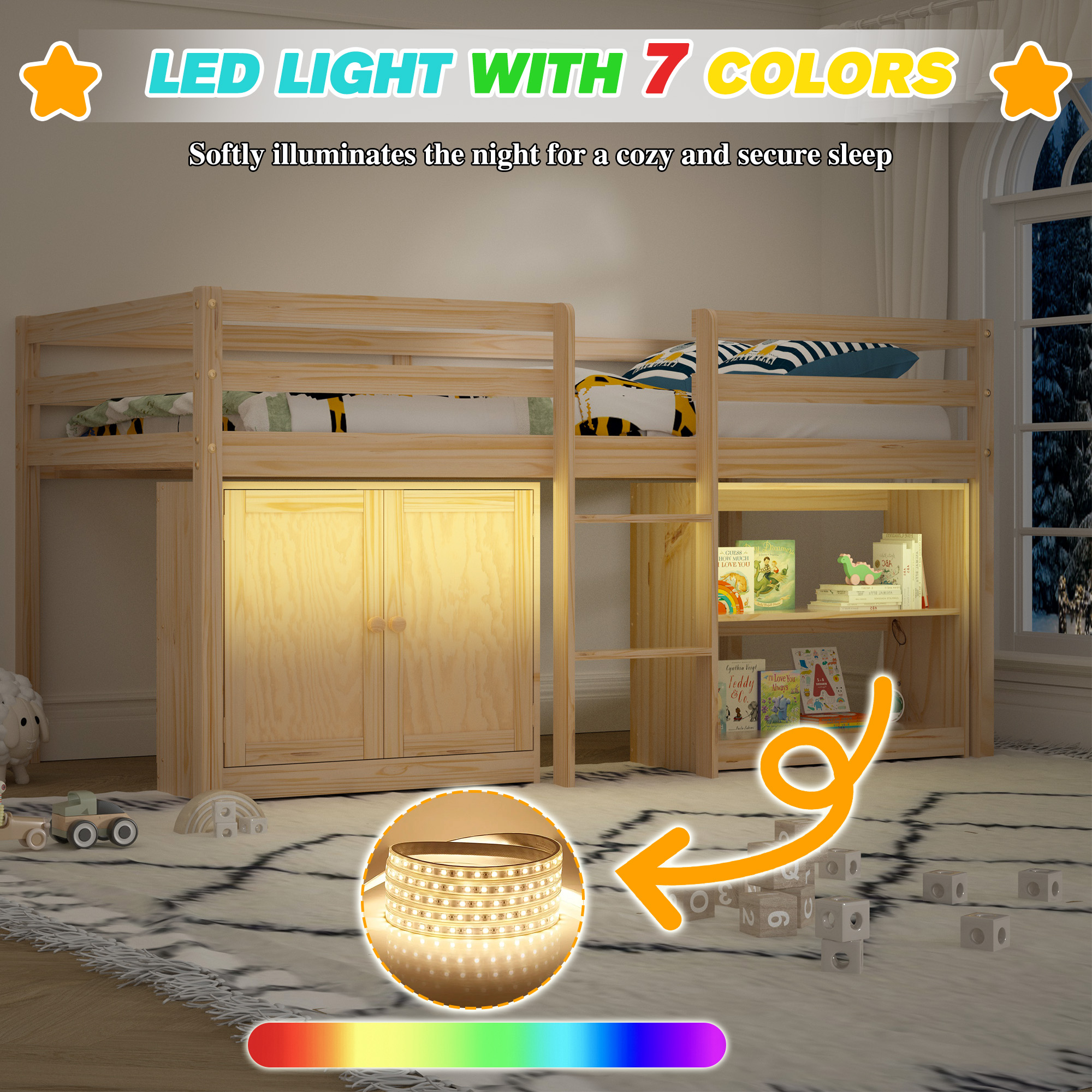 Joywind Twin Loft Bed with LED Lights, Kids Loft Beds with Storage Cabinet and Play Space