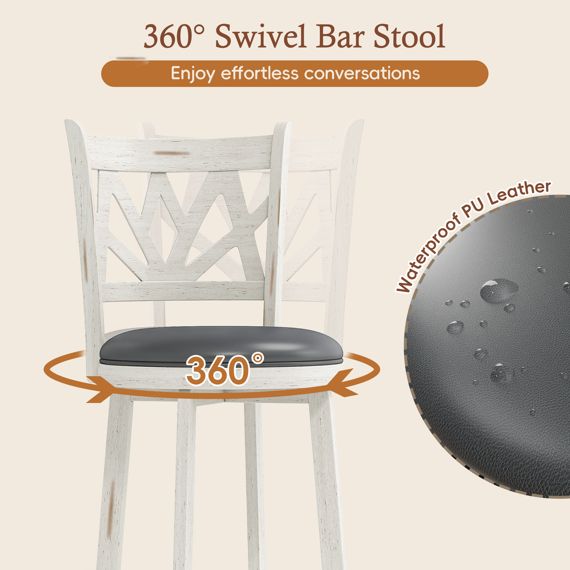 Joywind Farmhouse Swivel Bar Stools Set of 2, 30" Carved Lotus Barstools, Faux Leather Upholstered Bar Chairs with Solid Footrest & Wood Legs