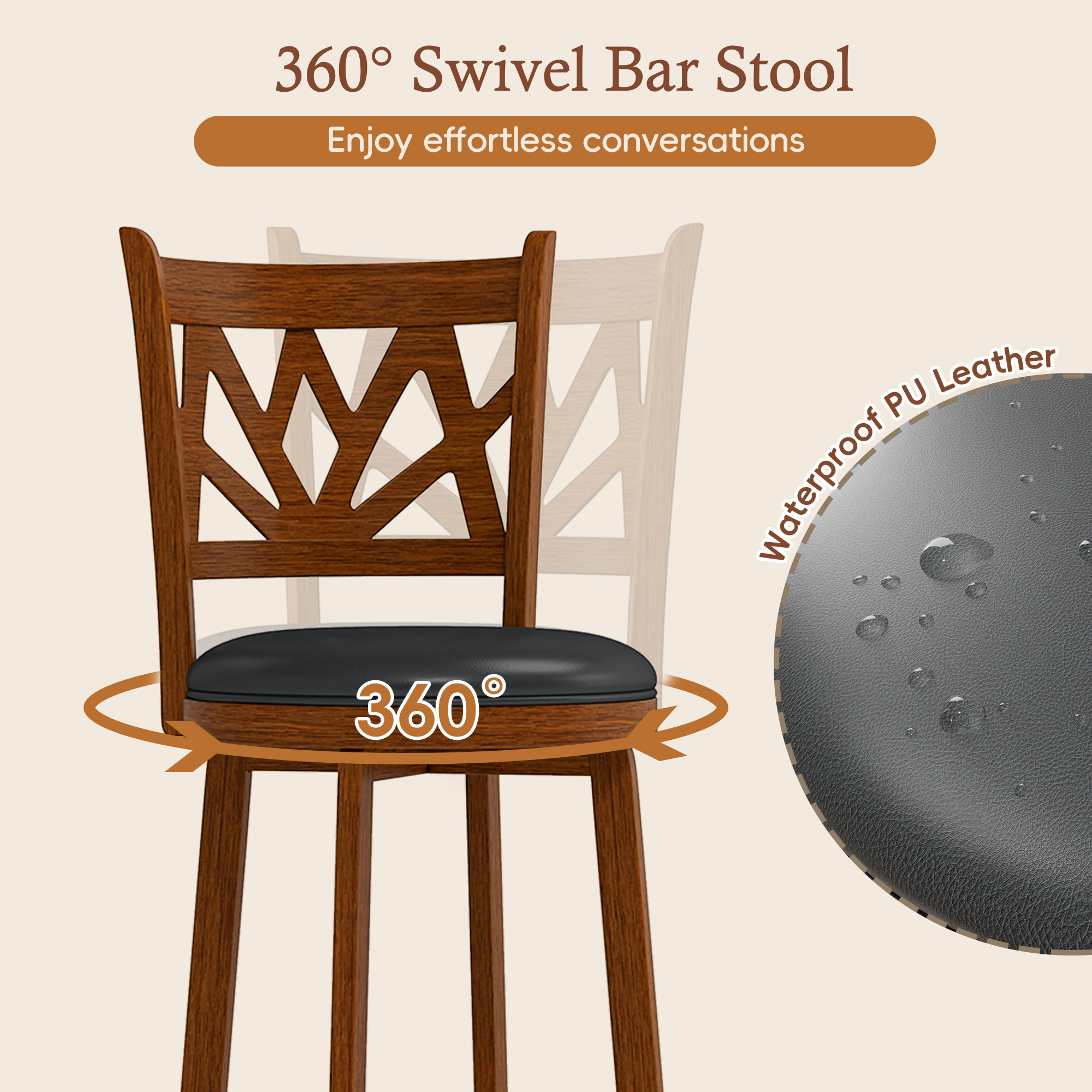 Joywind Farmhouse Swivel Bar Stools Set of 2, 24" Carved Lotus Barstools, Faux Leather Upholstered Counter Chairs with Solid Footrest & Wood Legs, Rustic Brown