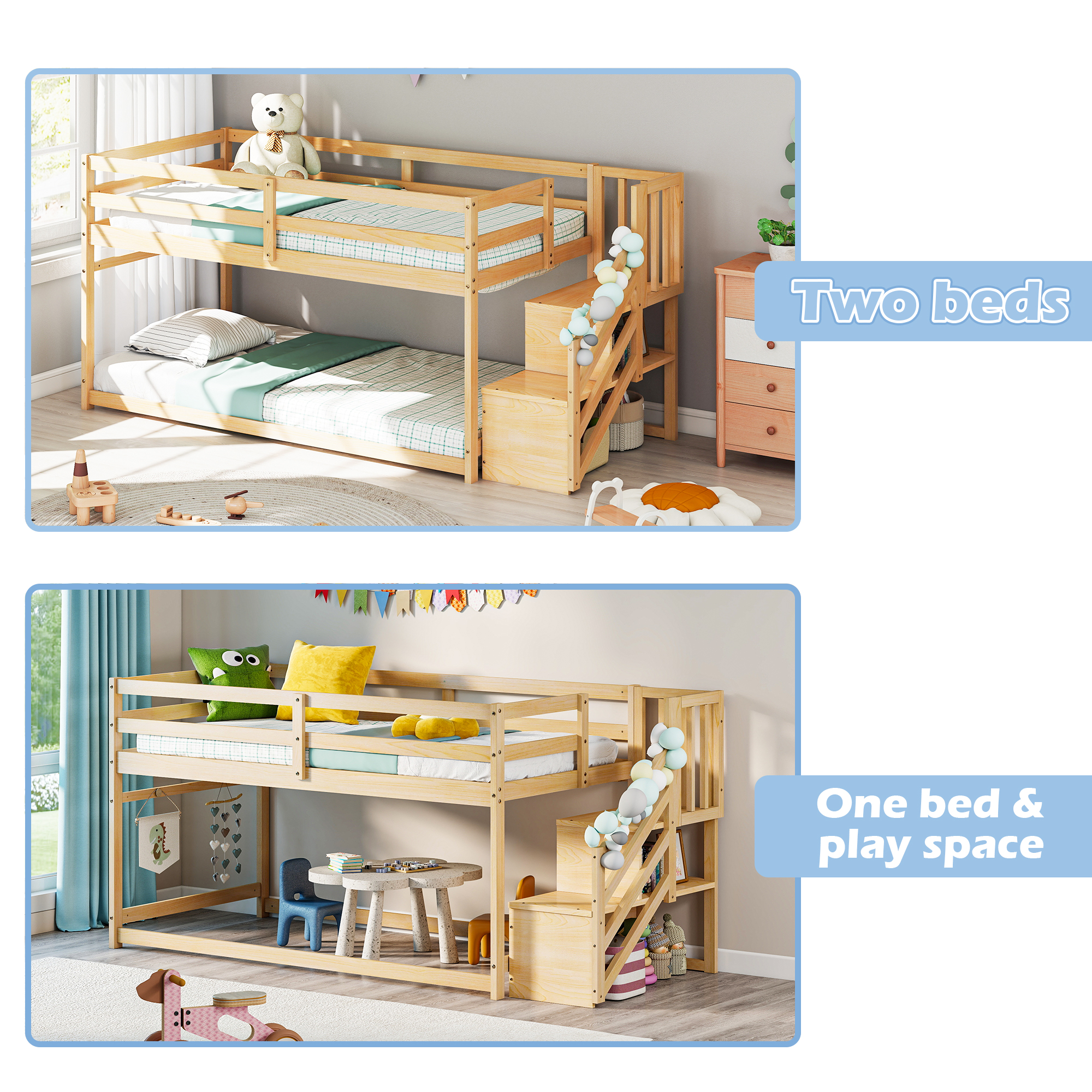 Joywind Solid Wood Low Bunk Bed Twin Over Twin with Storage Staircase, Safety Guardrails & Hanging Bar - Floor Bunk Beds for Kids, Boys, Girls, Juniors