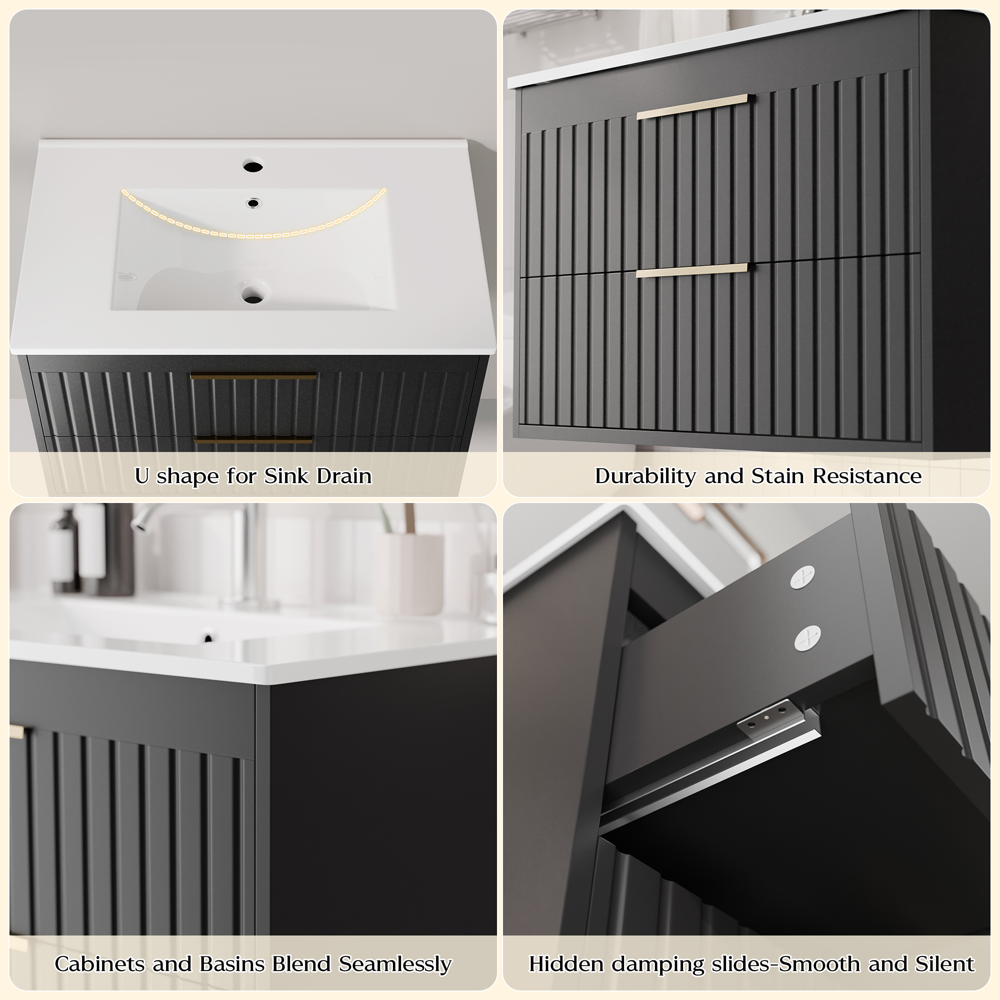 Joywind 30" Black Floating Bathroom Vanity with Sink Combo – Modern Wall-Mounted Vanity with 2 Large Drawers & Metal Handles for Maximum Storage