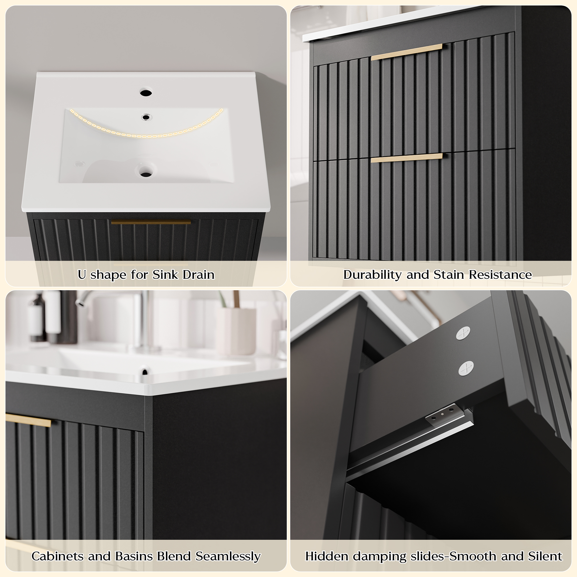Joywind 24" Black Floating Bathroom Vanity with Sink Combo – Modern Wall-Mounted Vanity with 2 Large Drawers & Metal Handles for Maximum Storage