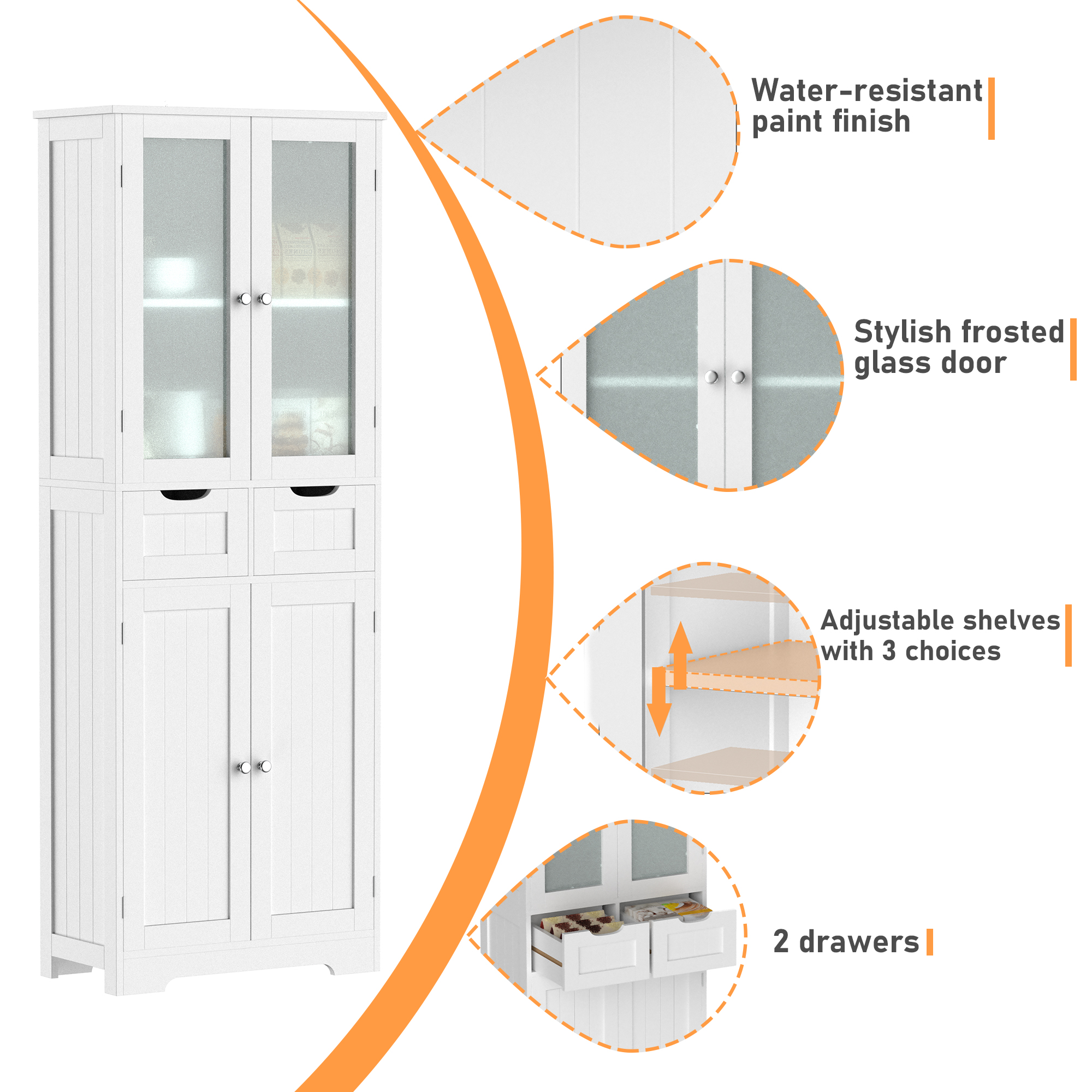 Joywind Freestanding Bathroom Storage Cabinet with Glass Doors - 67" Tall Linen Organizer with 2 Drawers & Adjustable Shelves, for Bathroom, Kitchen, Living Room, Office Storage