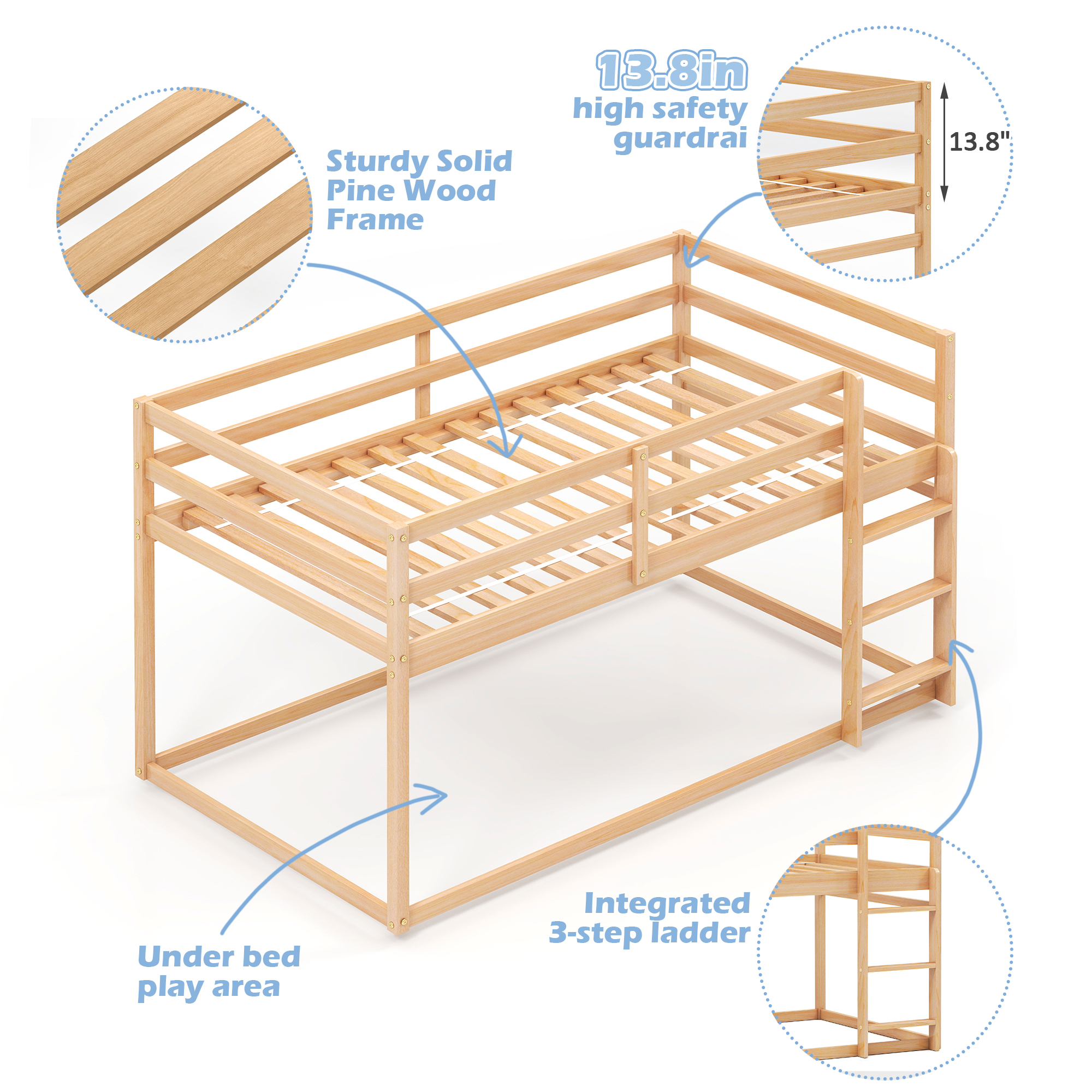 Joywind Wood Twin-over-Twin Bunk Beds with Ladder and Full Guardrails