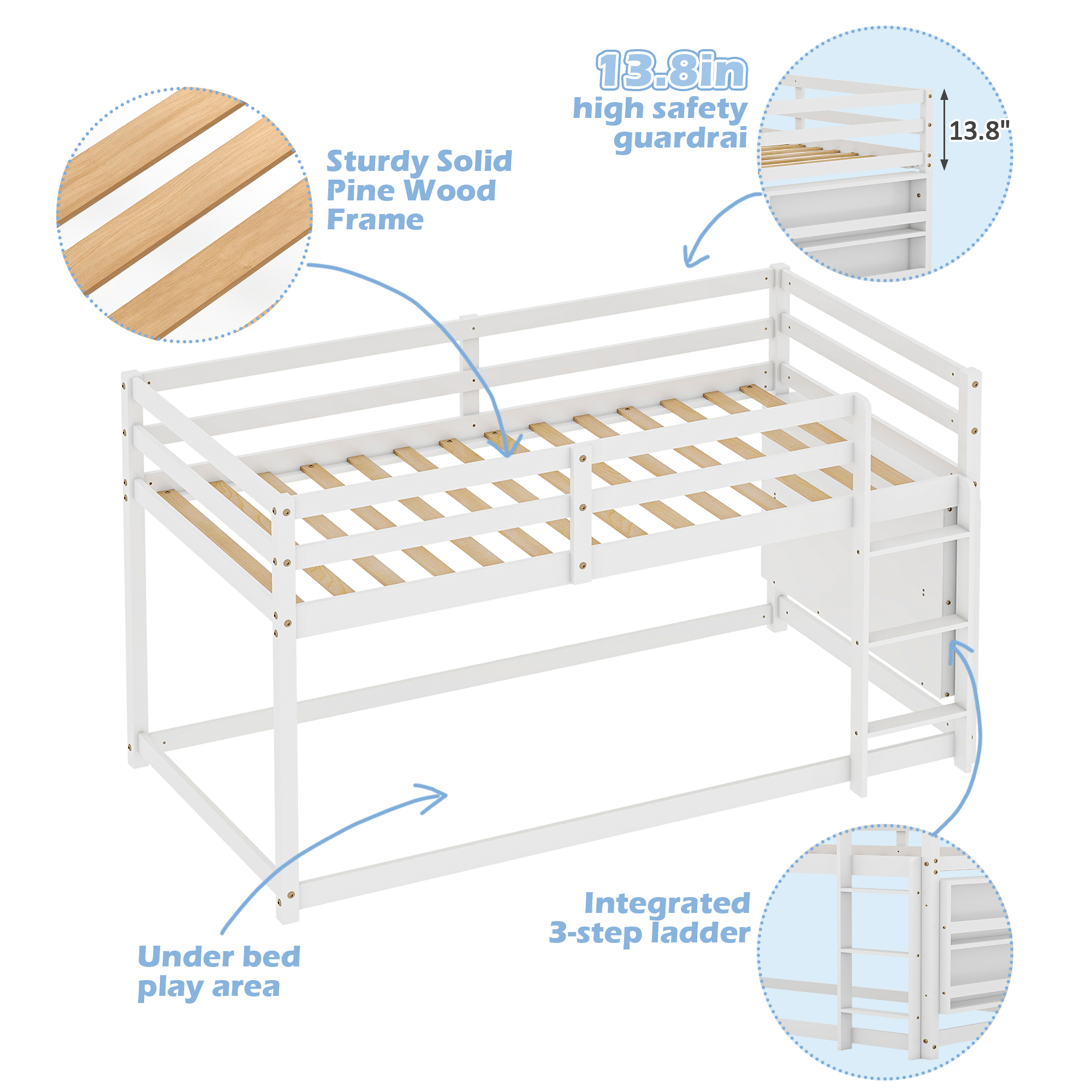 Joywind Wood Twin-over-Twin Standard Bunk Beds with Bookcase and Guardrails White