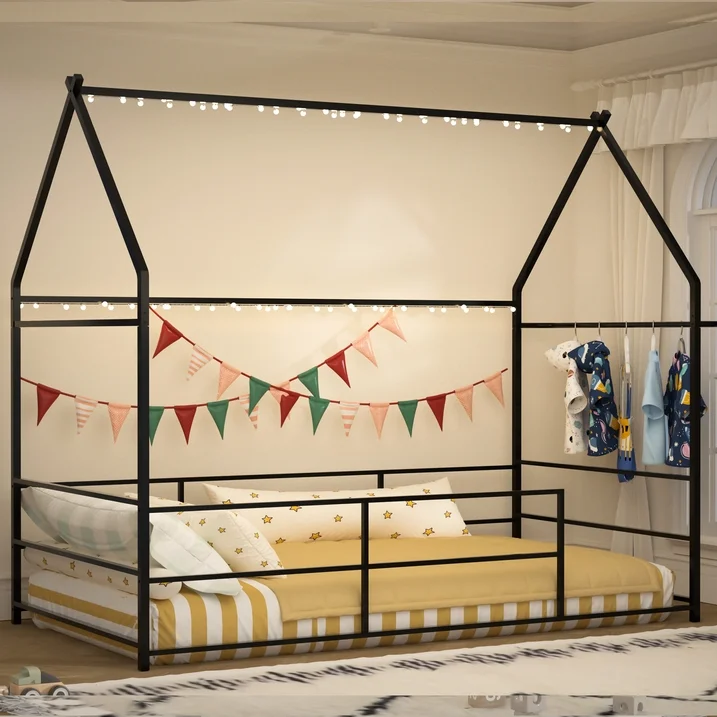 Joywind Metal Twin Floor House Bed with Headboard, Footboard & Guardrails - Montessori Style Bed Frame with Hanging Bar for Boys, Girls