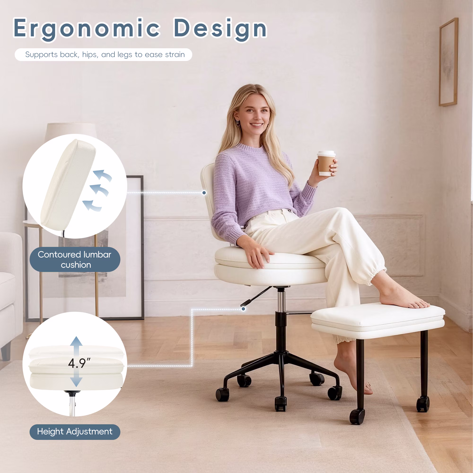 Joywind Ergonomic Cross Legged Swivel Chair, Height Adjustable ADHD & Meditation Chair with Wheels, Wide Kneeling Chair with Back Support & Footrest, Home and Office, White