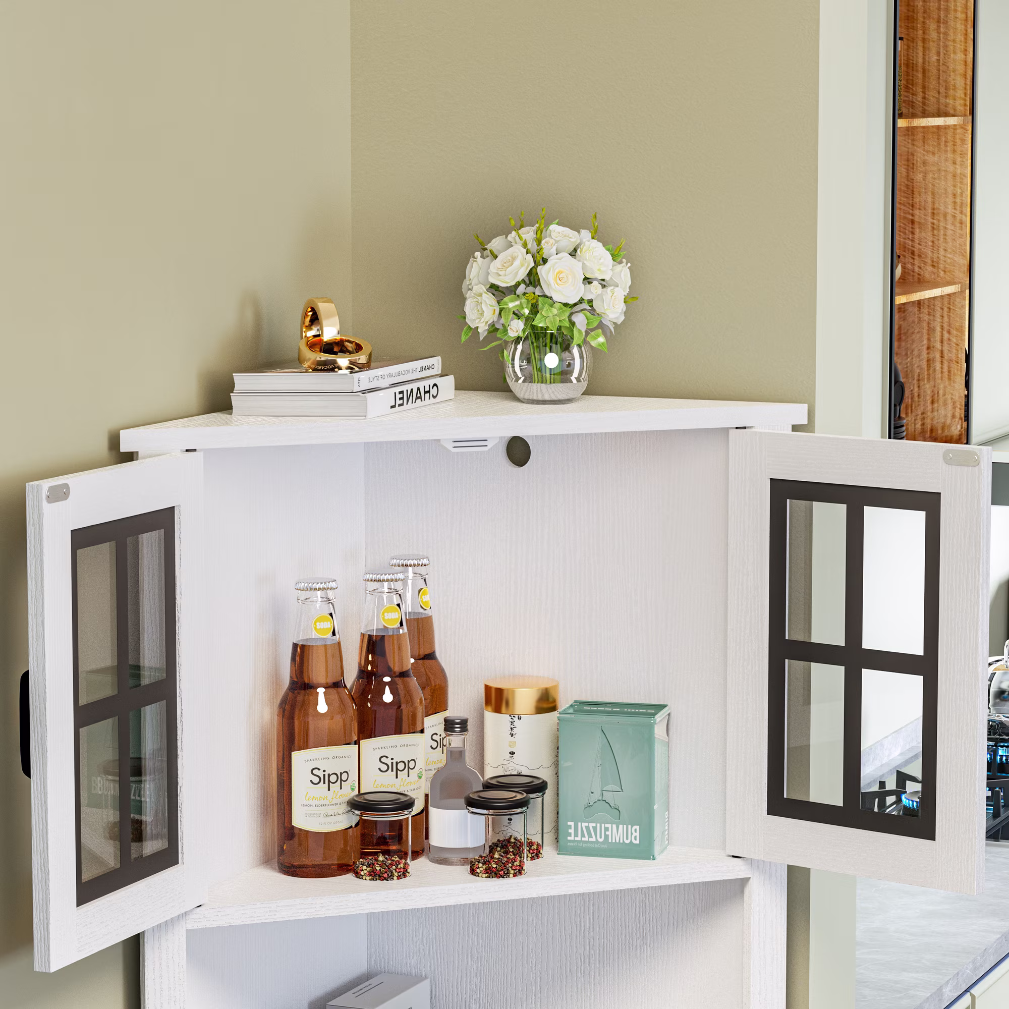 Joywind 67" White Corner Cabinet with LED Lights, Modern Tall Storage Hutch with Glass Doors & Shelves