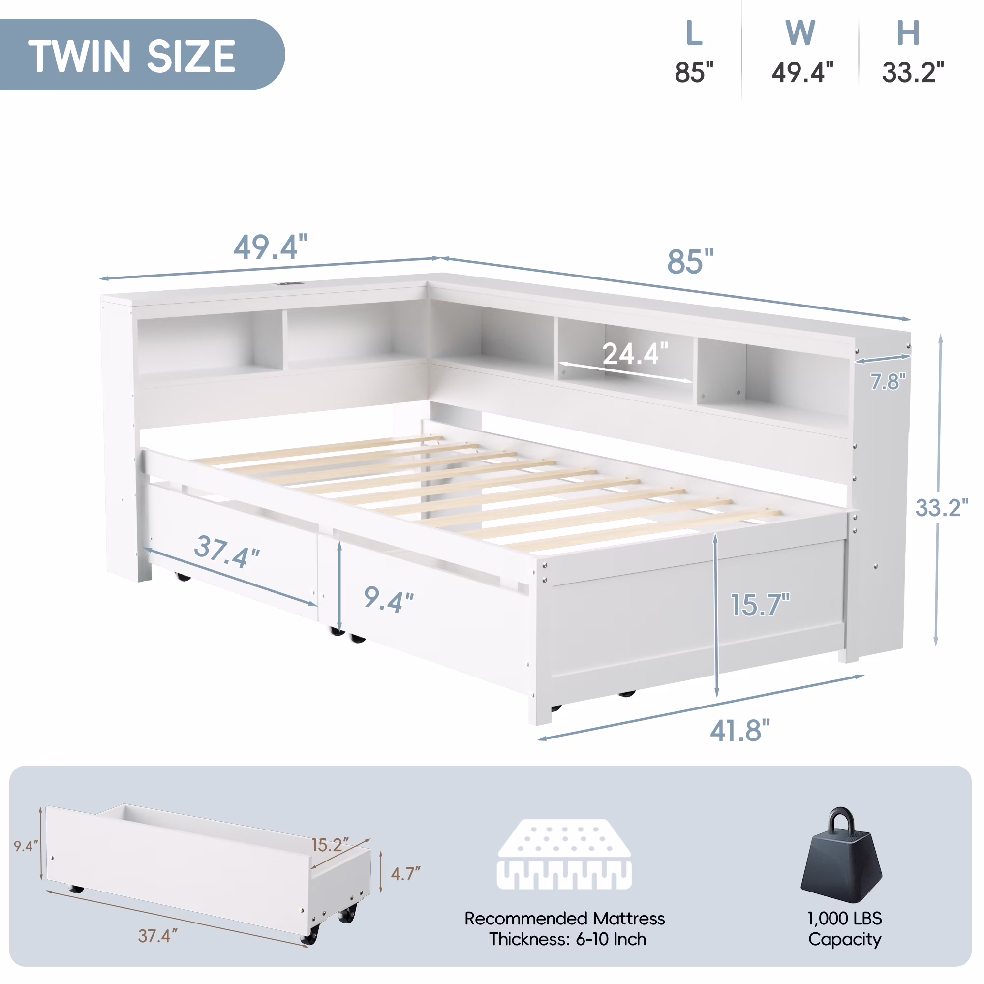 Joywind Twin Corner Bed Frame with Storage Drawers, Bookcase Headboard, Charging Station & LED Lights,White