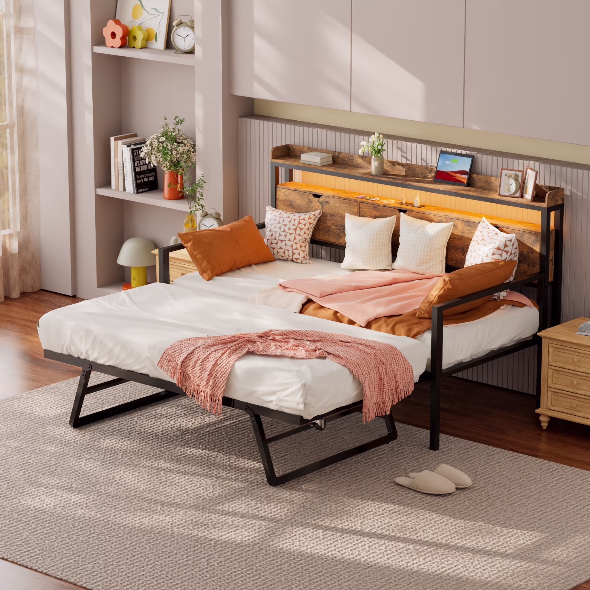 Joywind Twin Daybed with Trundle, Metal Bed Frame with LED Lights, Charging Station & Pop-Up Trundle for Living Room, Bedroom or Guest Room, Black