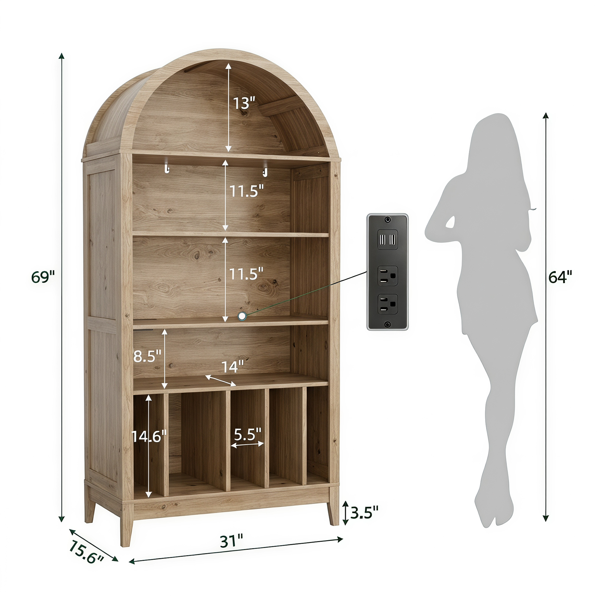 Joywind 69" 5-Tier Wood Arched Bookcase with Power Outlets, Modern Farmhouse Bookshelf for Living Room, Natural
