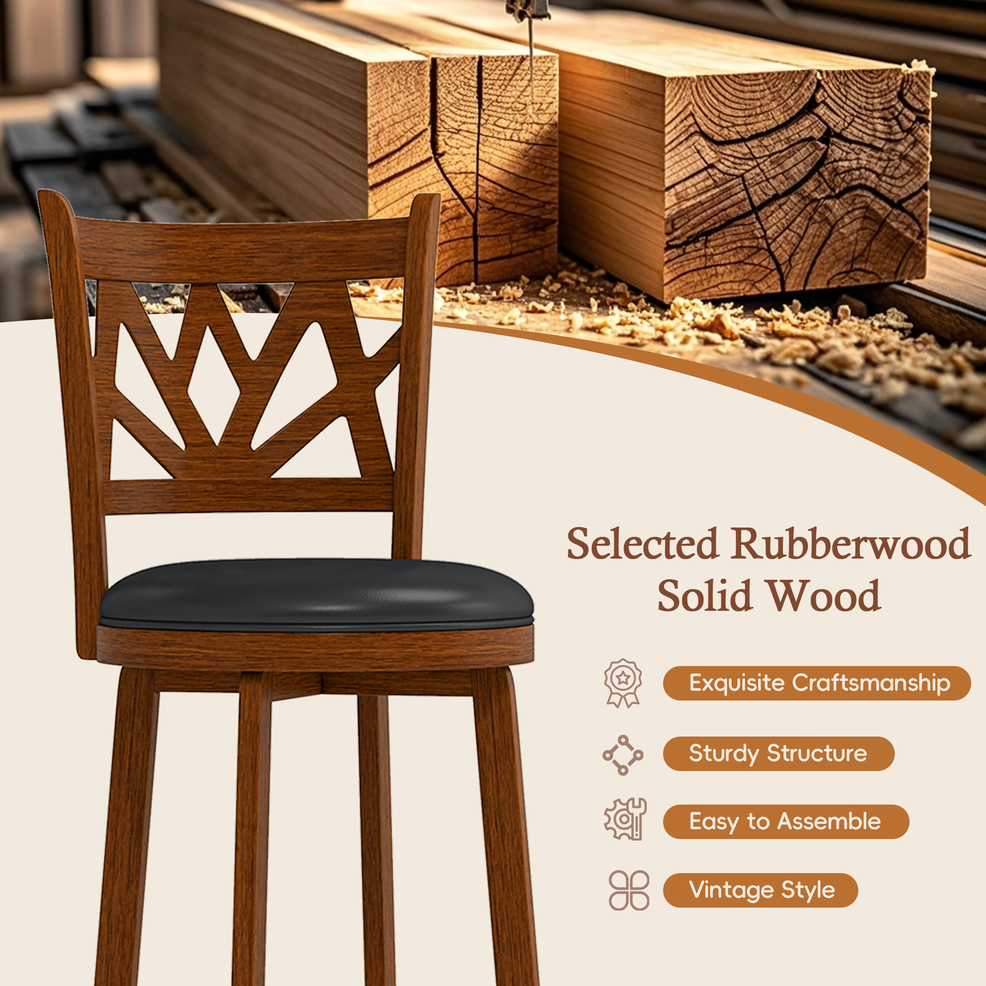 Joywind Farmhouse Swivel Bar Stools Set of 2, 30" Carved Lotus Barstools, Faux Leather Upholstered Bar Chairs with Solid Footrest & Wood Legs, Rustic Brown