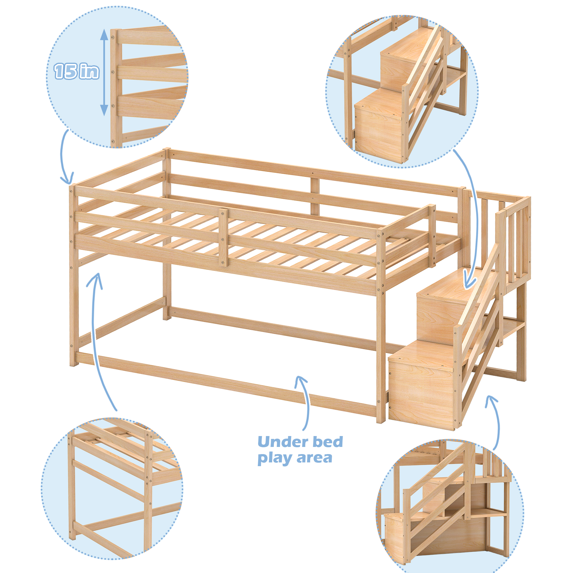 Joywind Solid Wood Low Bunk Bed Twin Over Twin with Storage Staircase, Safety Guardrails & Hanging Bar - Floor Bunk Beds for Kids, Boys, Girls, Juniors
