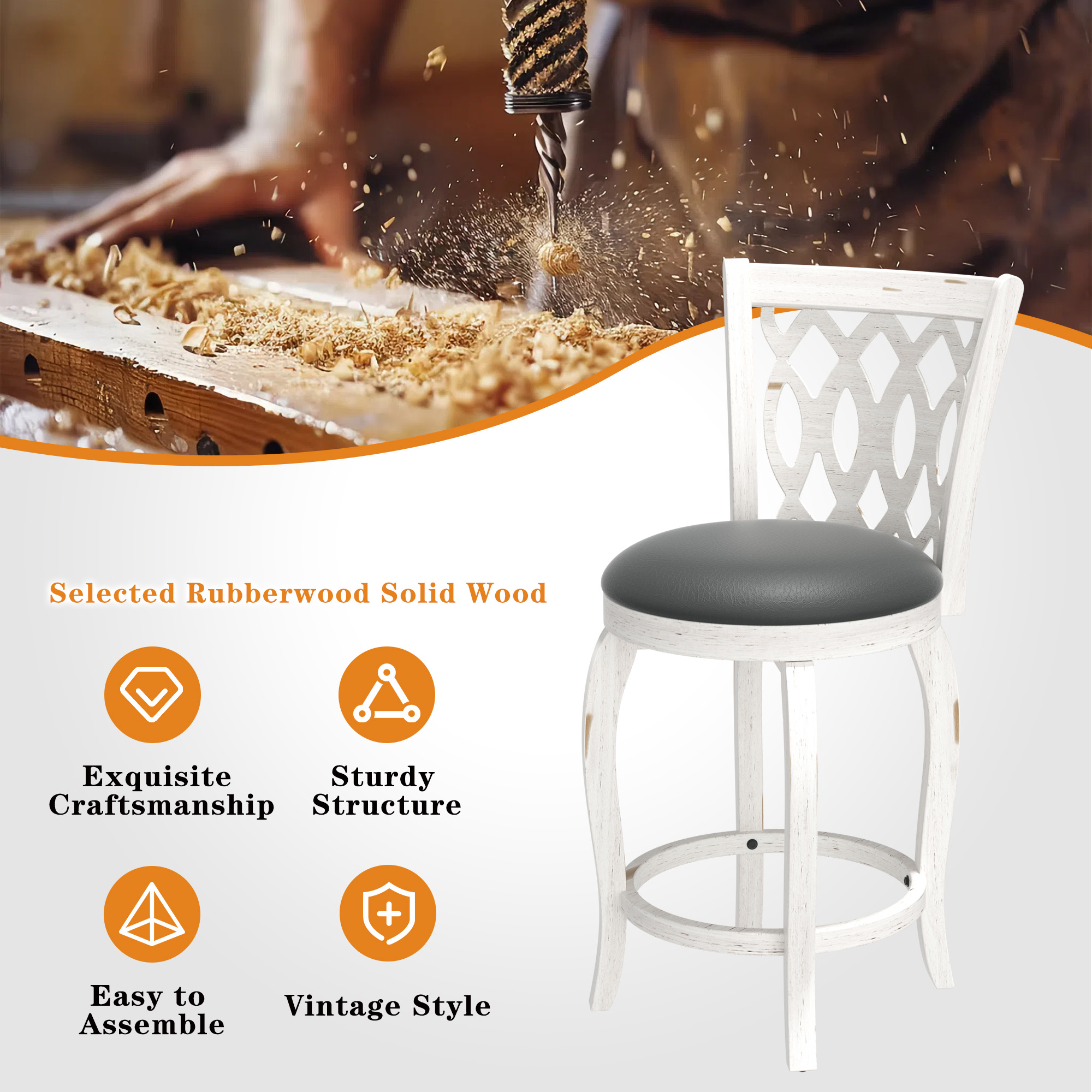 Joywind 24" Counter Height Swivel Bar Stools with High Back, Upholstered Seat & Solid Wood Footrest, Set of 2