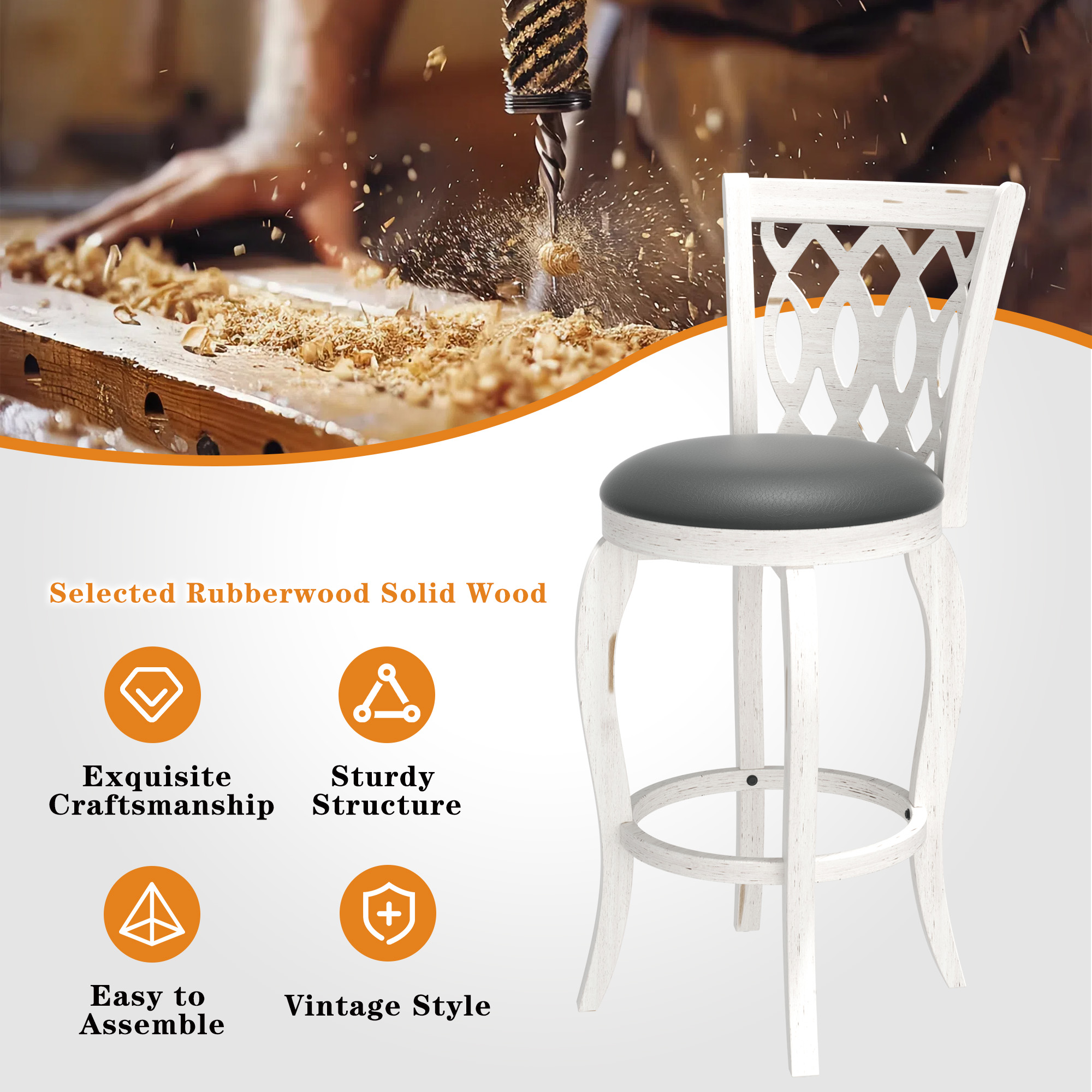 Joywind 29" Bar Height Swivel Bar Stools with High Back, Upholstered Seat & Solid Wood Footrest, Set of 2